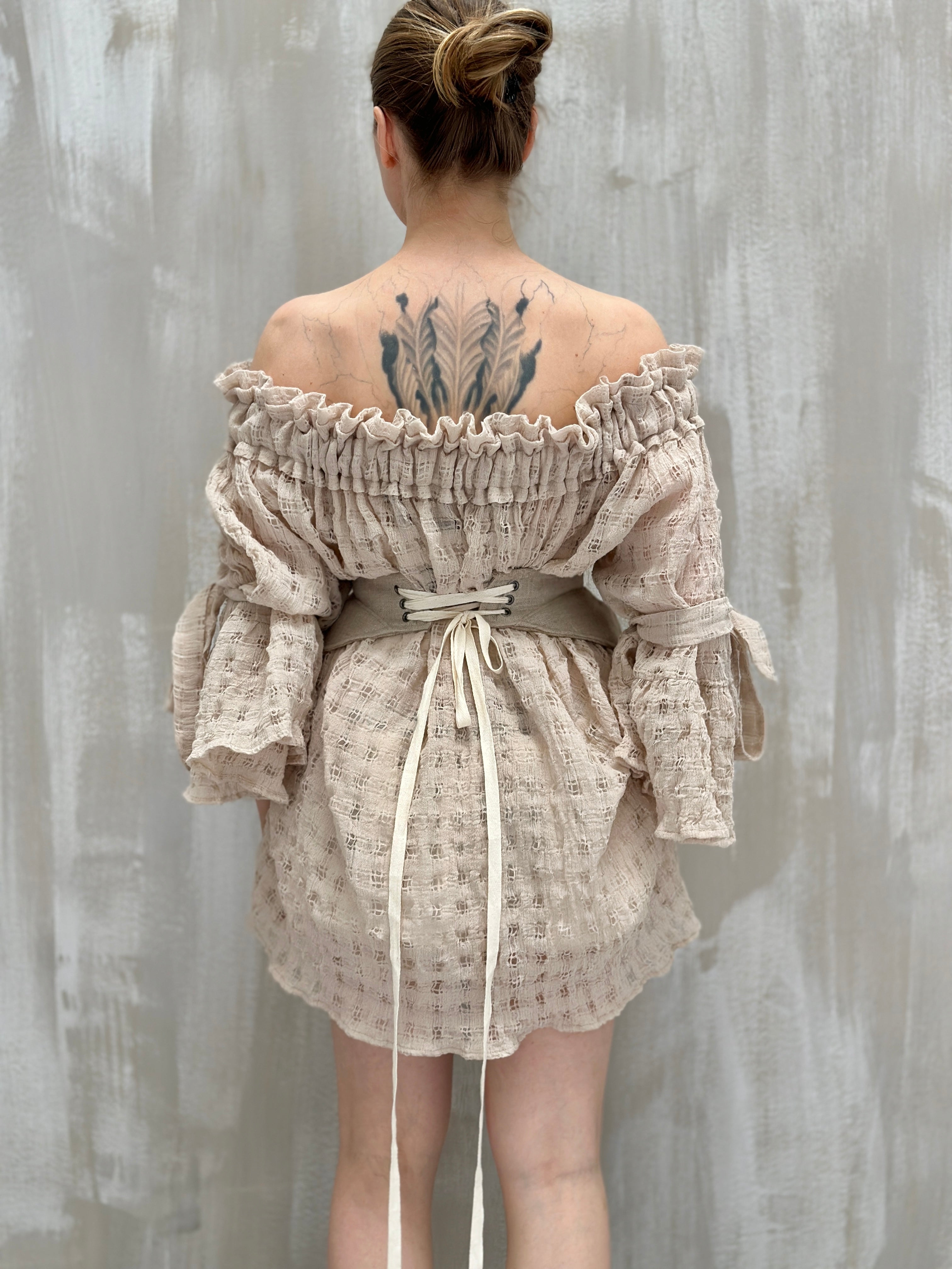 Paperbag Tunic in Linen Cotton Open Weave (Ecru)