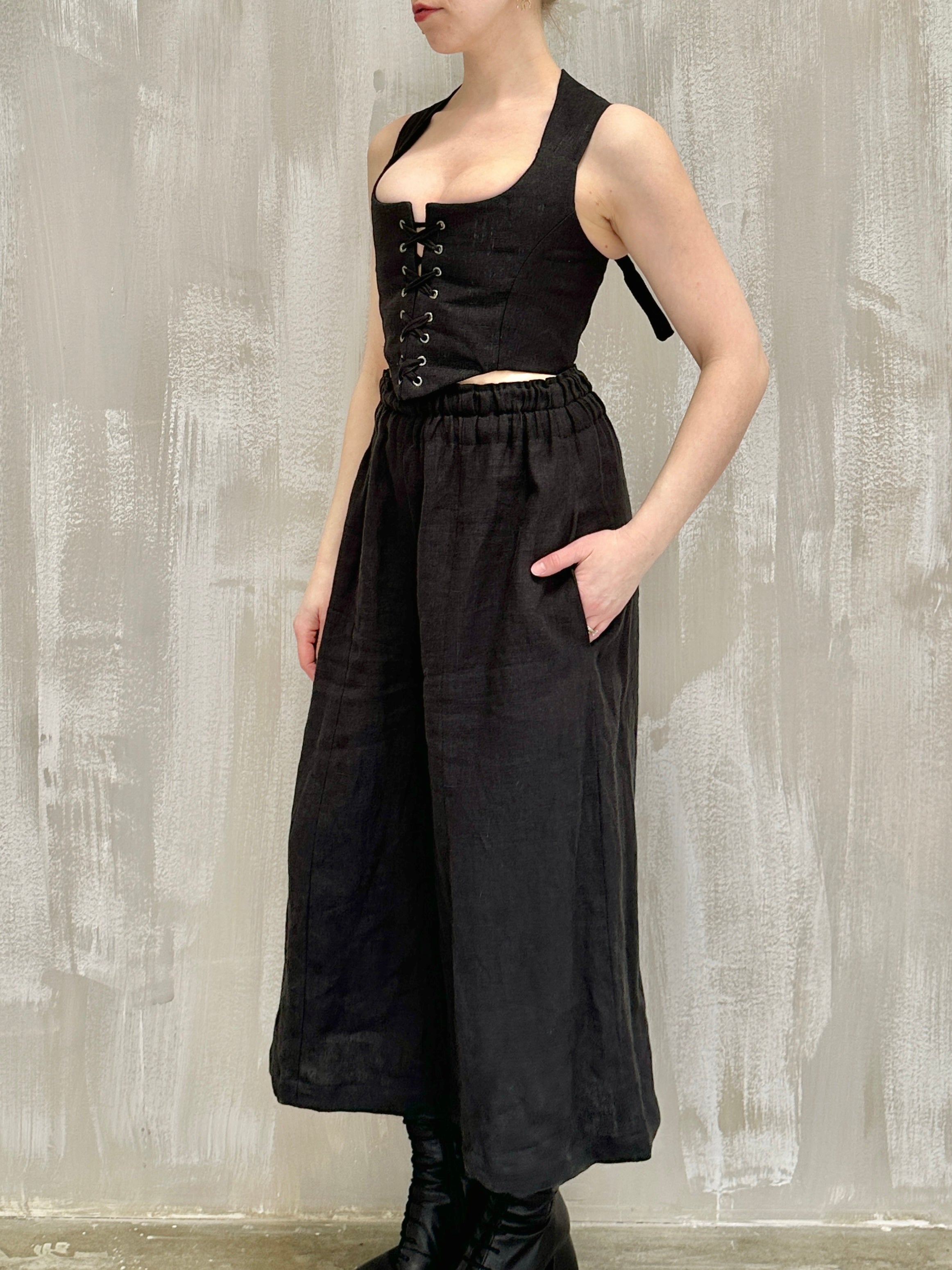 Wide Leg Linen Trousers (Soft Black)
