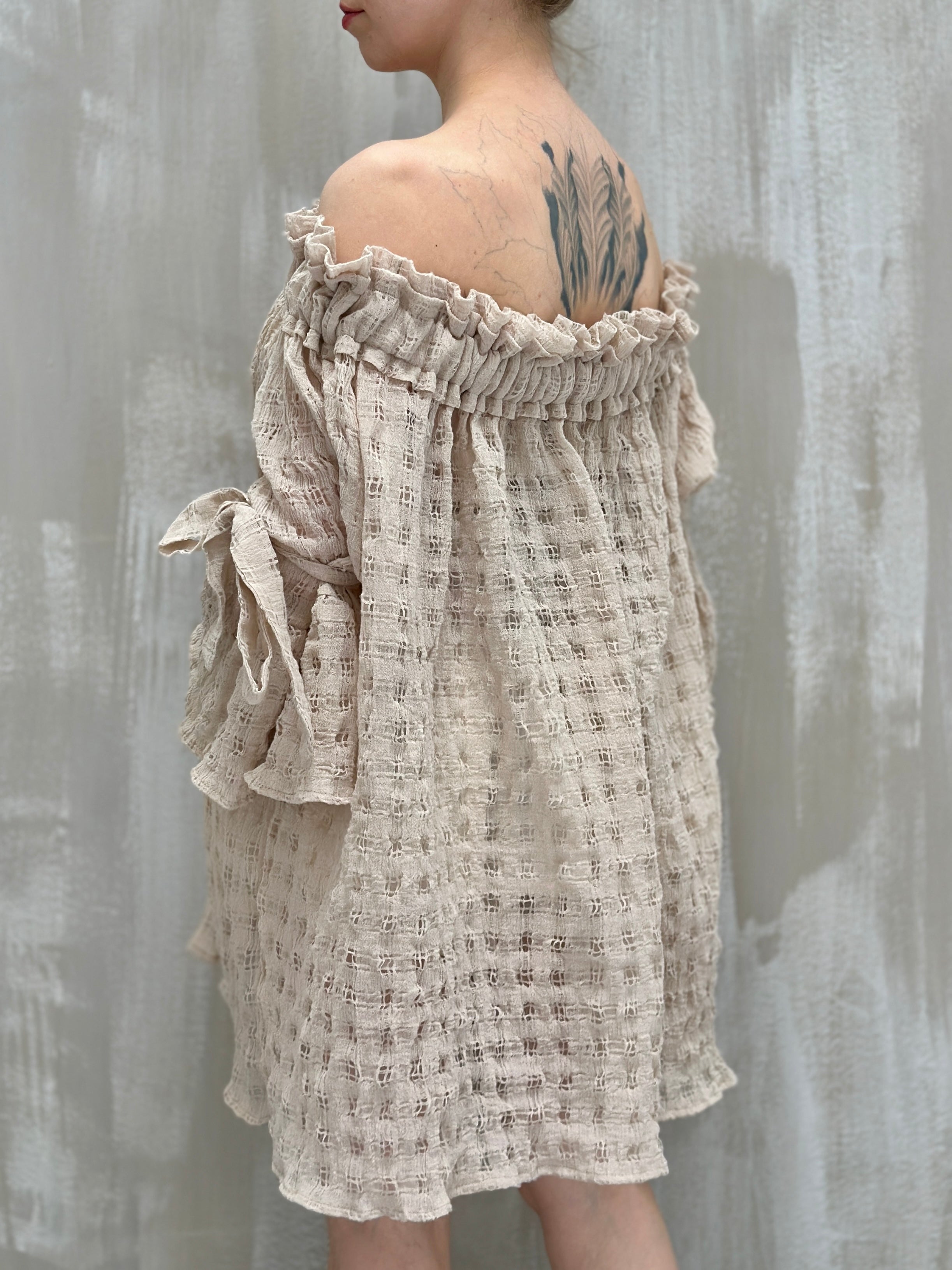 Paperbag Tunic in Linen Cotton Open Weave (Ecru)