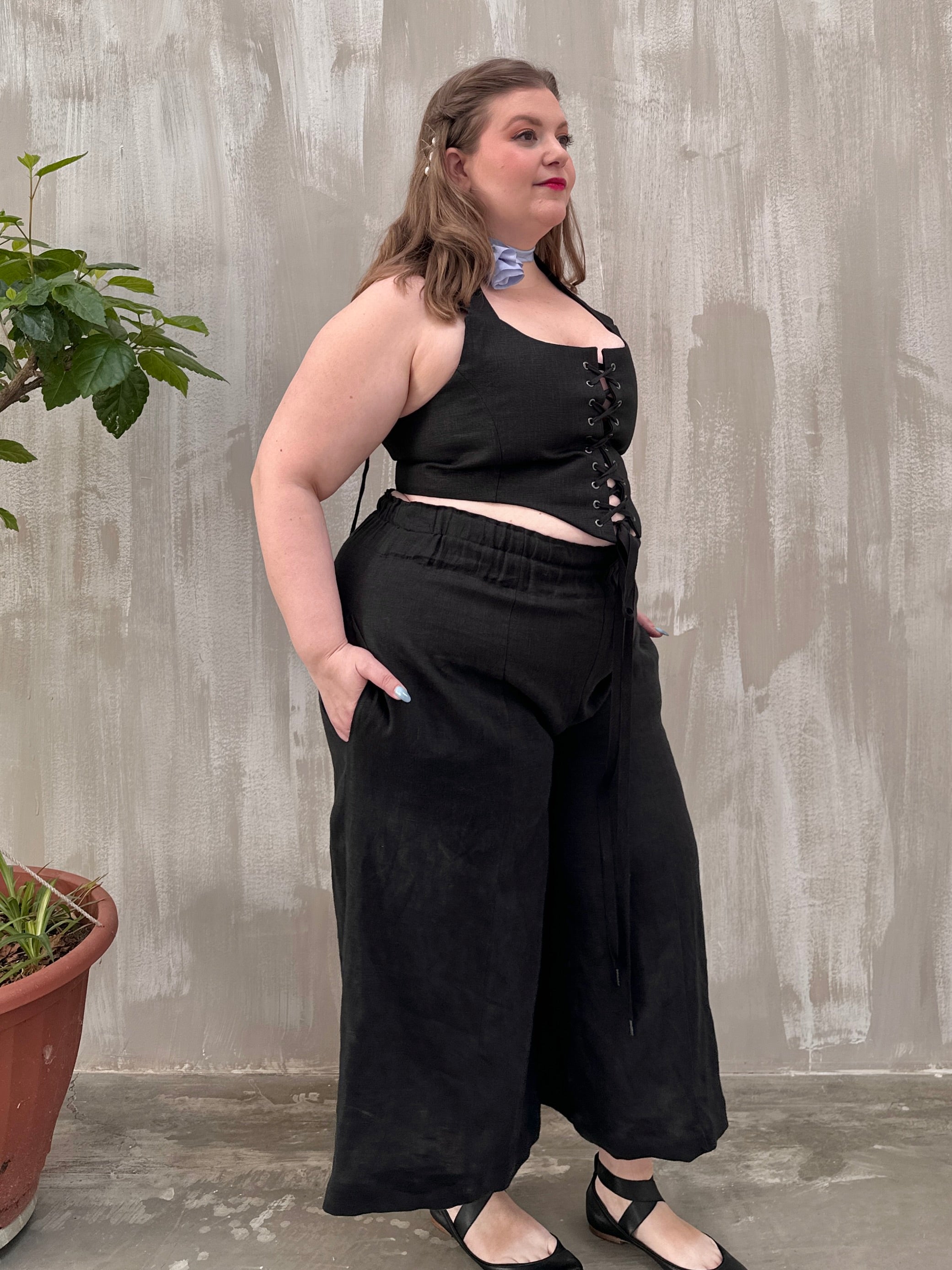 Wide Leg Linen Trousers (Soft Black)