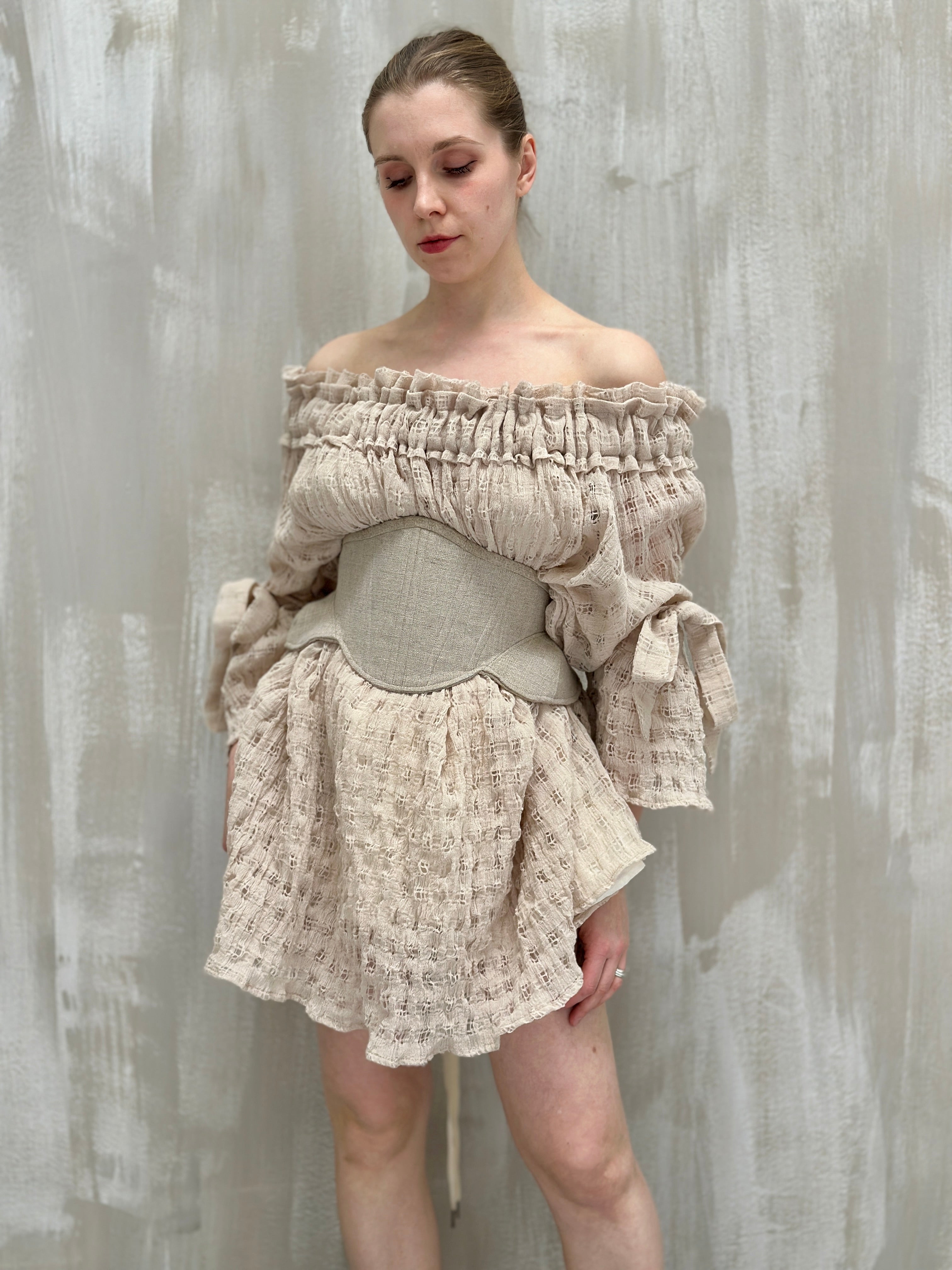 Paperbag Tunic in Linen Cotton Open Weave (Ecru)