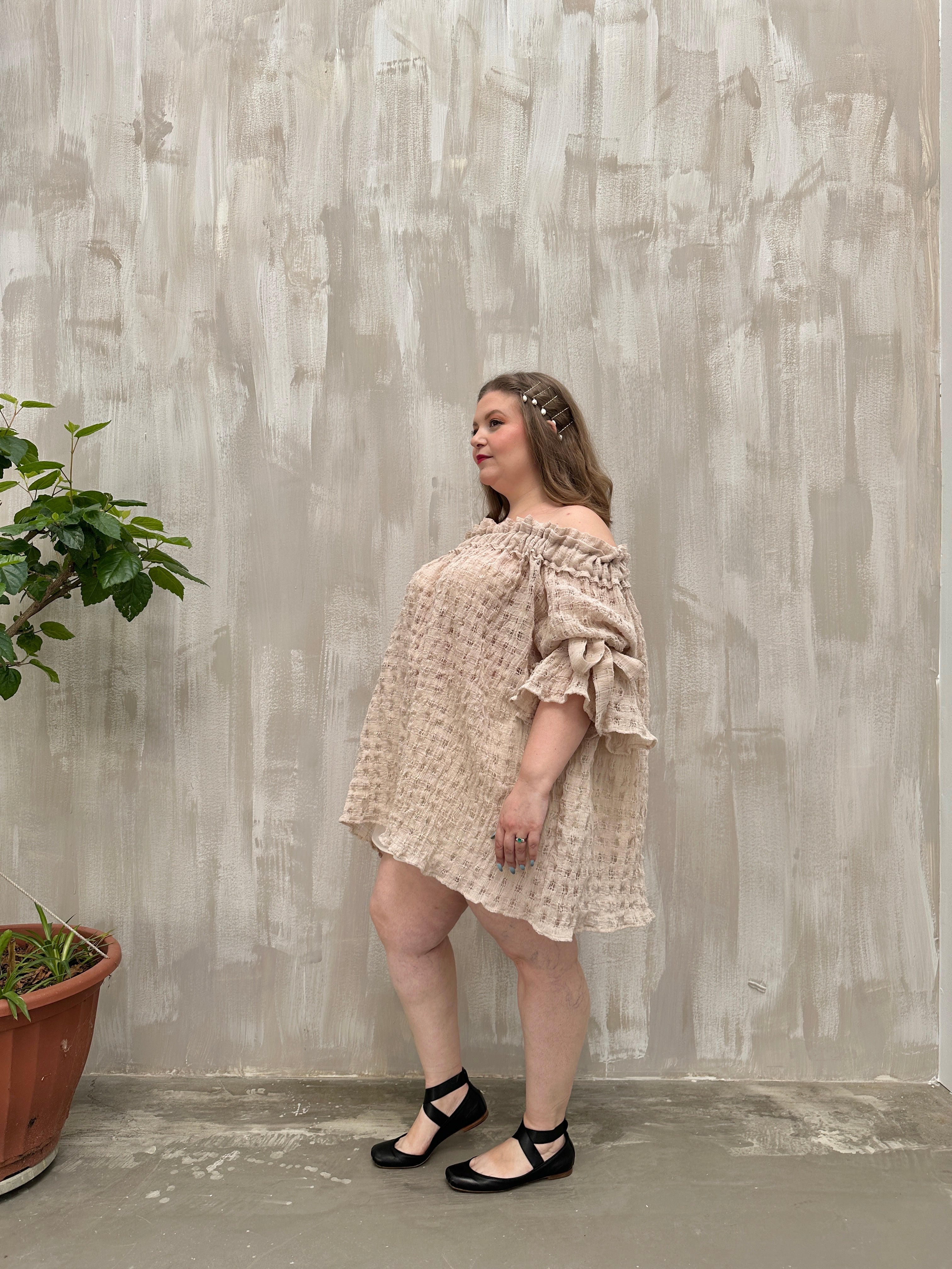 Paperbag Tunic in Linen Cotton Open Weave (Ecru)