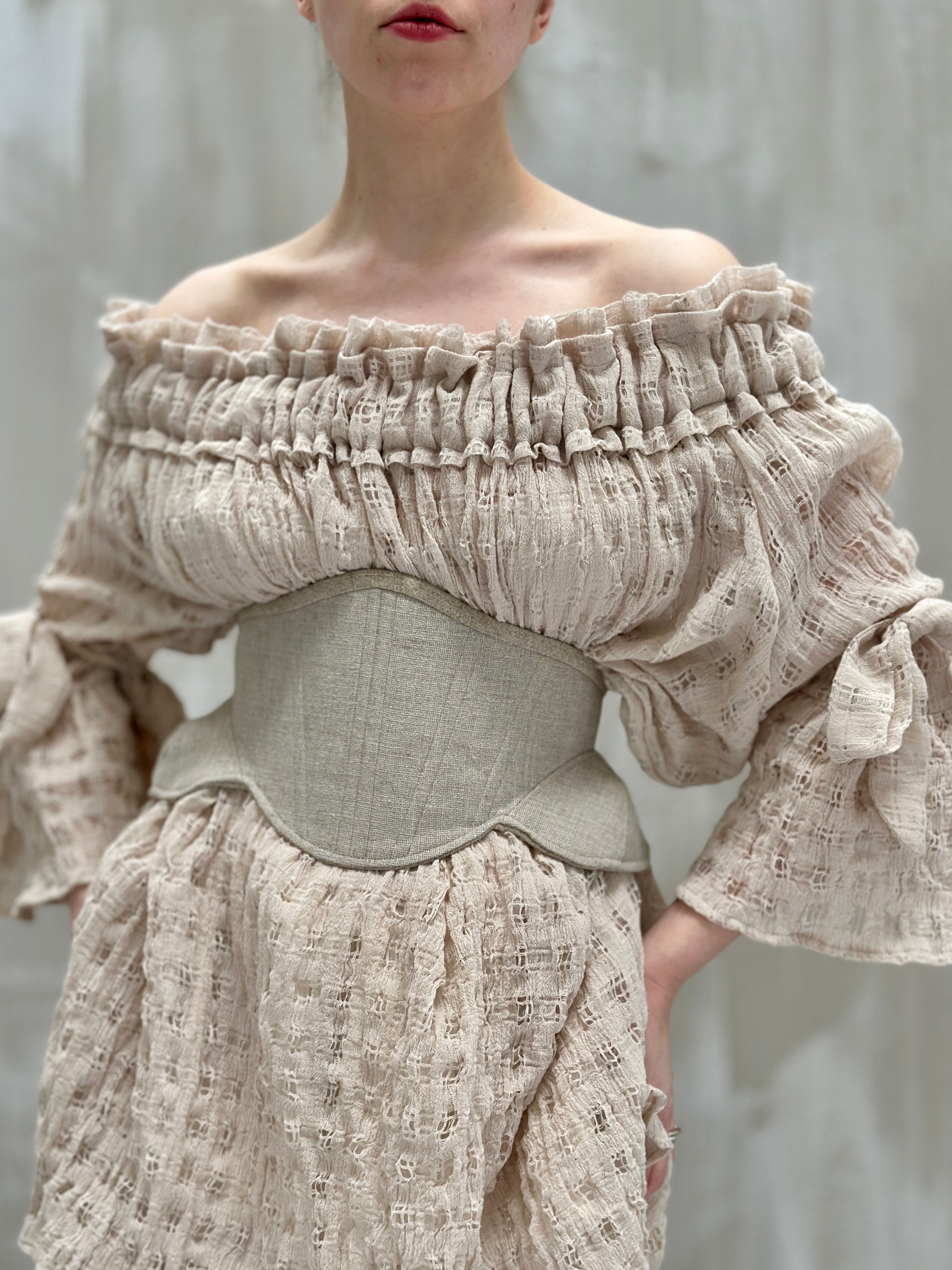Paperbag Tunic in Linen Cotton Open Weave (Ecru)