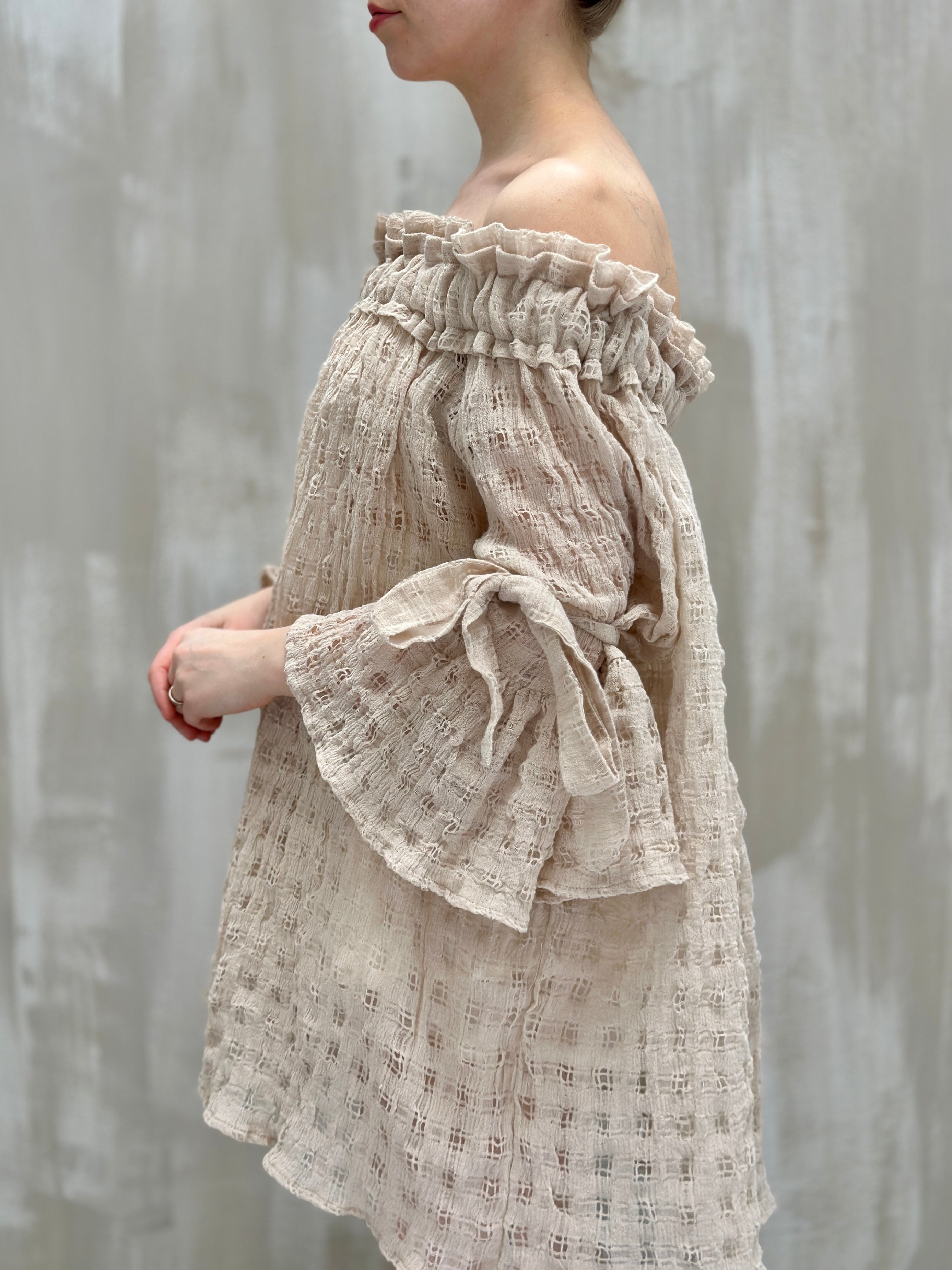 Paperbag Tunic in Linen Cotton Open Weave (Ecru)