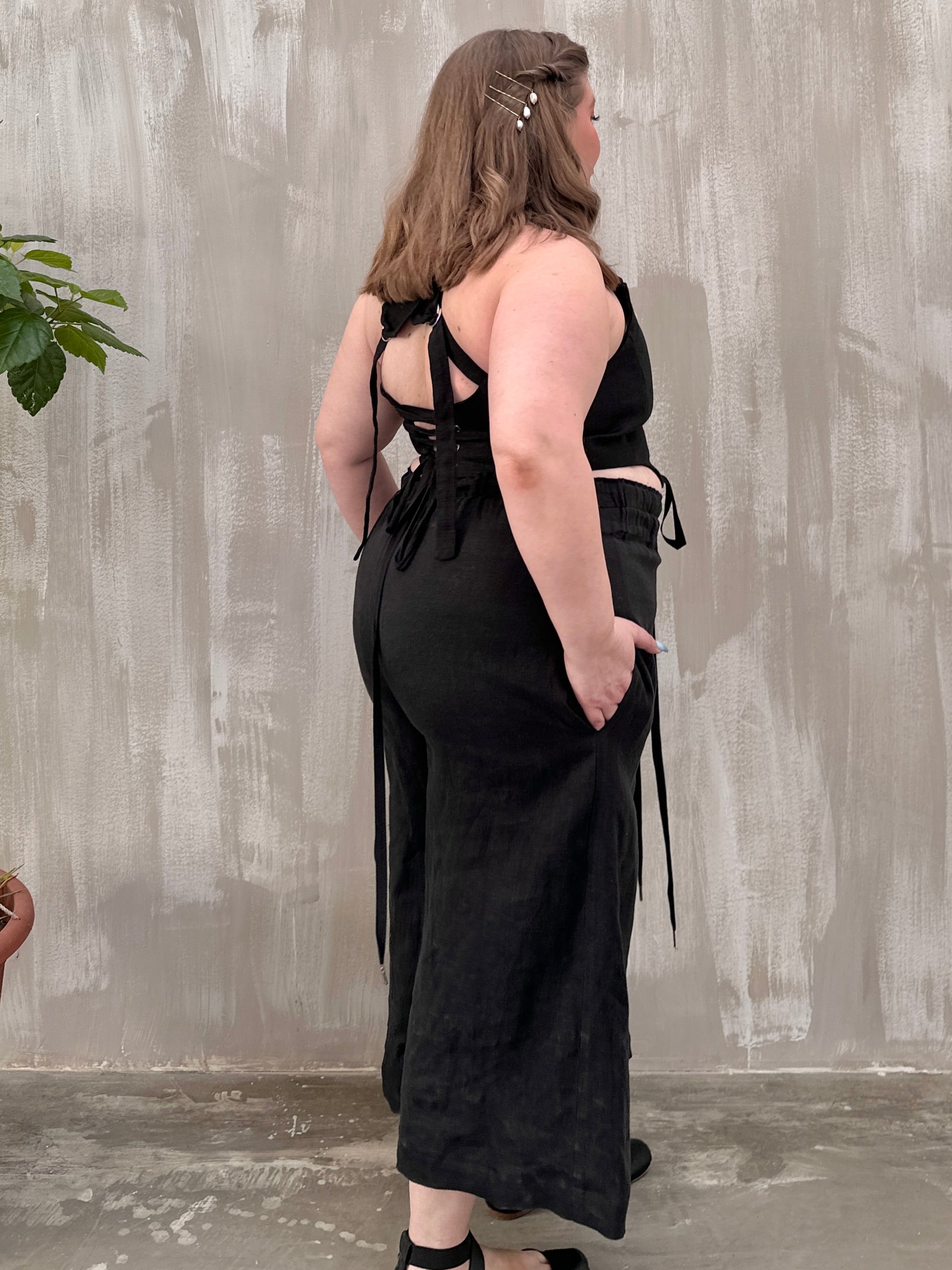 Wide Leg Linen Trousers (Soft Black)