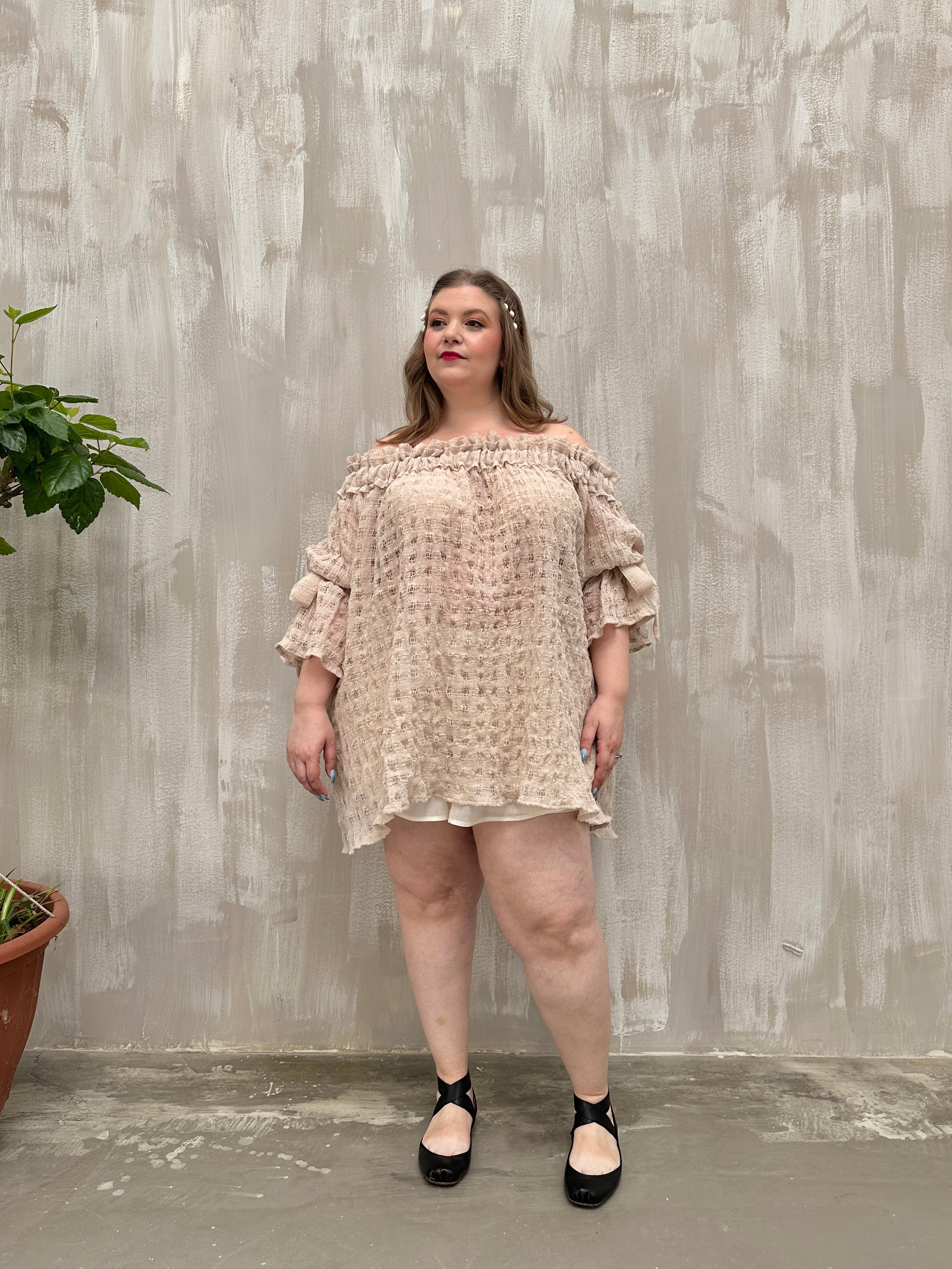 Paperbag Tunic in Linen Cotton Open Weave (Ecru)