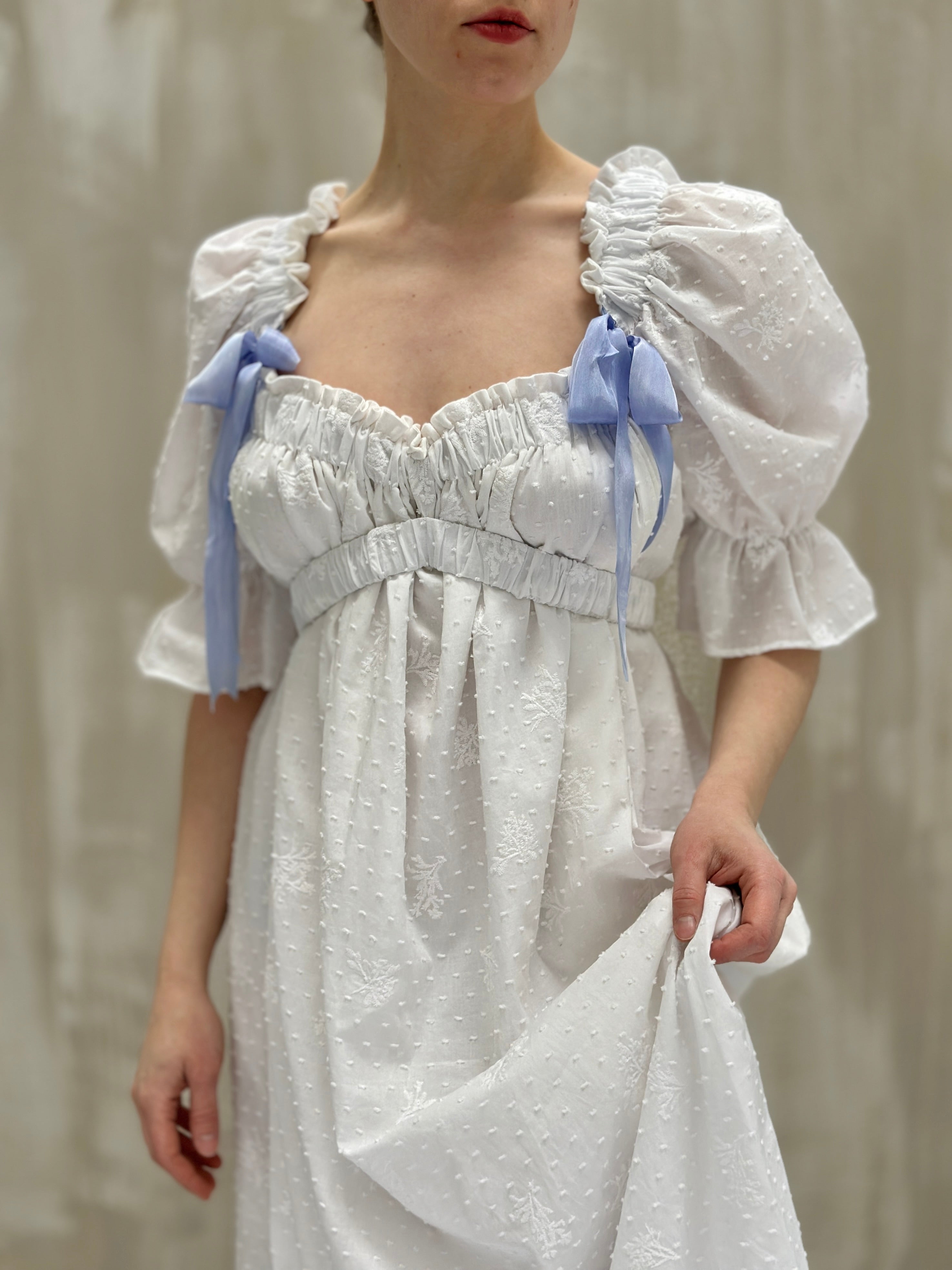 SS 2023: Regency Day Dress with Silk Bows (White Broderie)