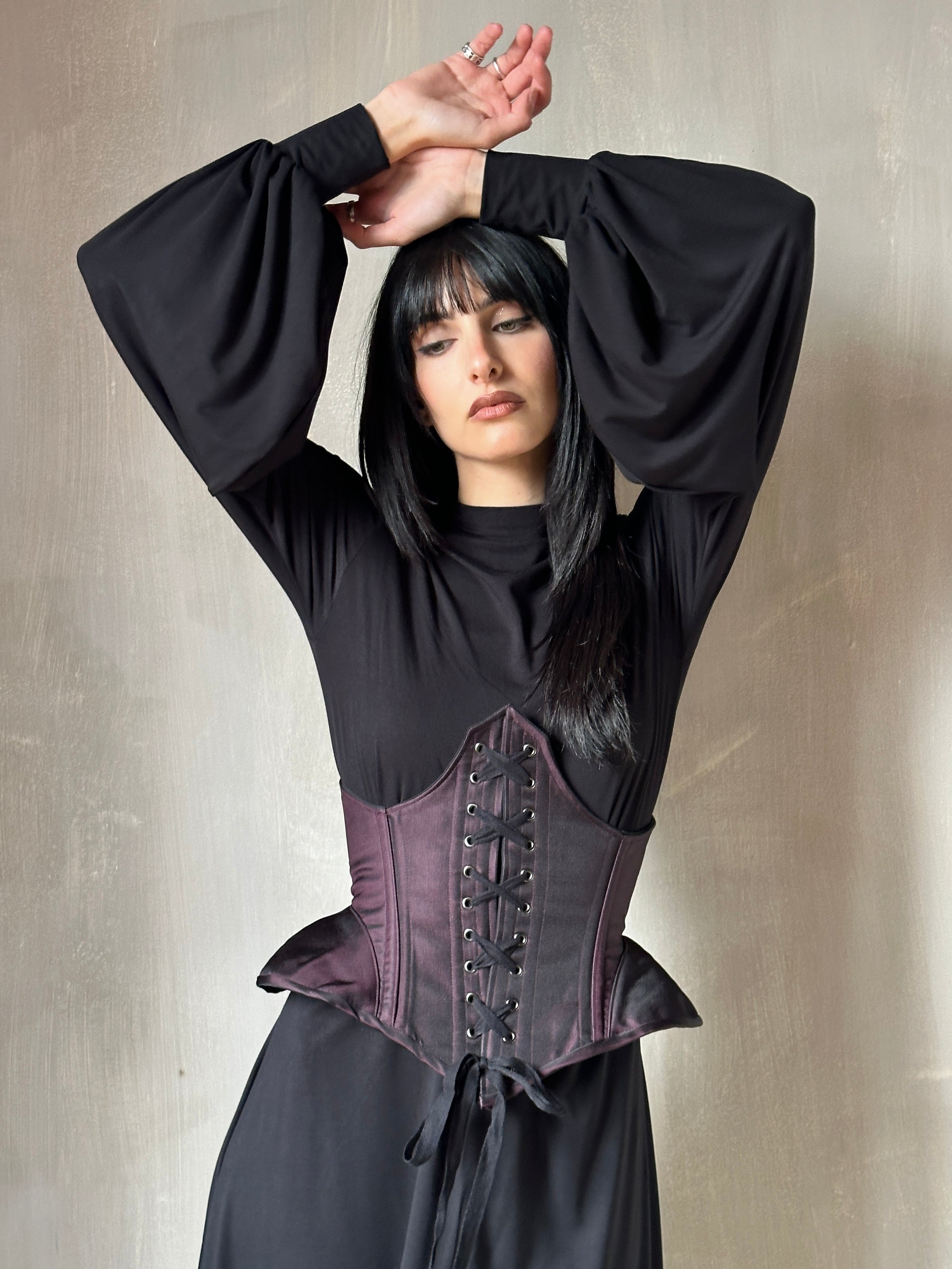 Sample Sale: Underbust Pannier Corset in Black-Purple Silk (Size I & I