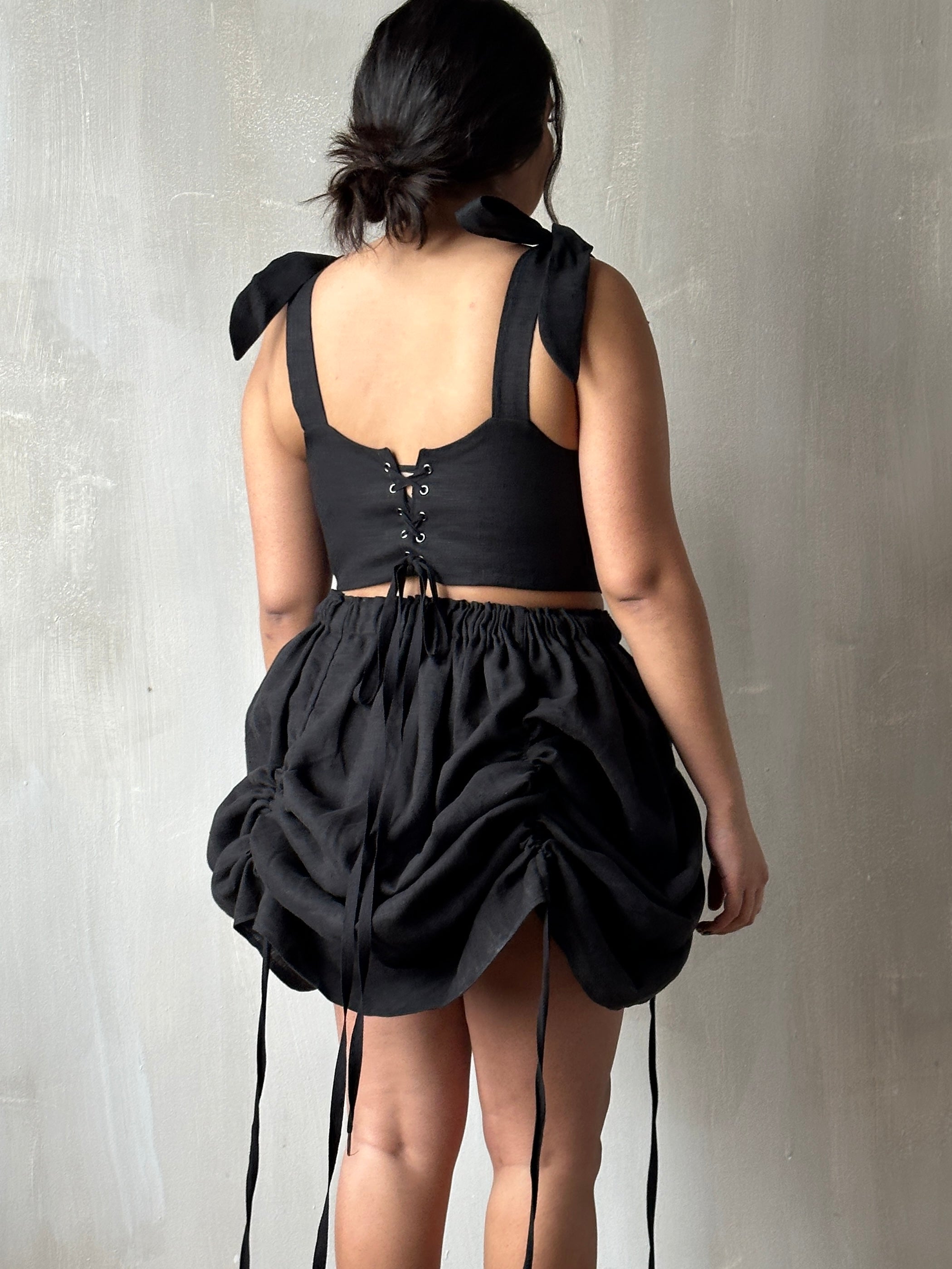 Black Four-Way Drawstring Skirt in Linen (Pre-Order)