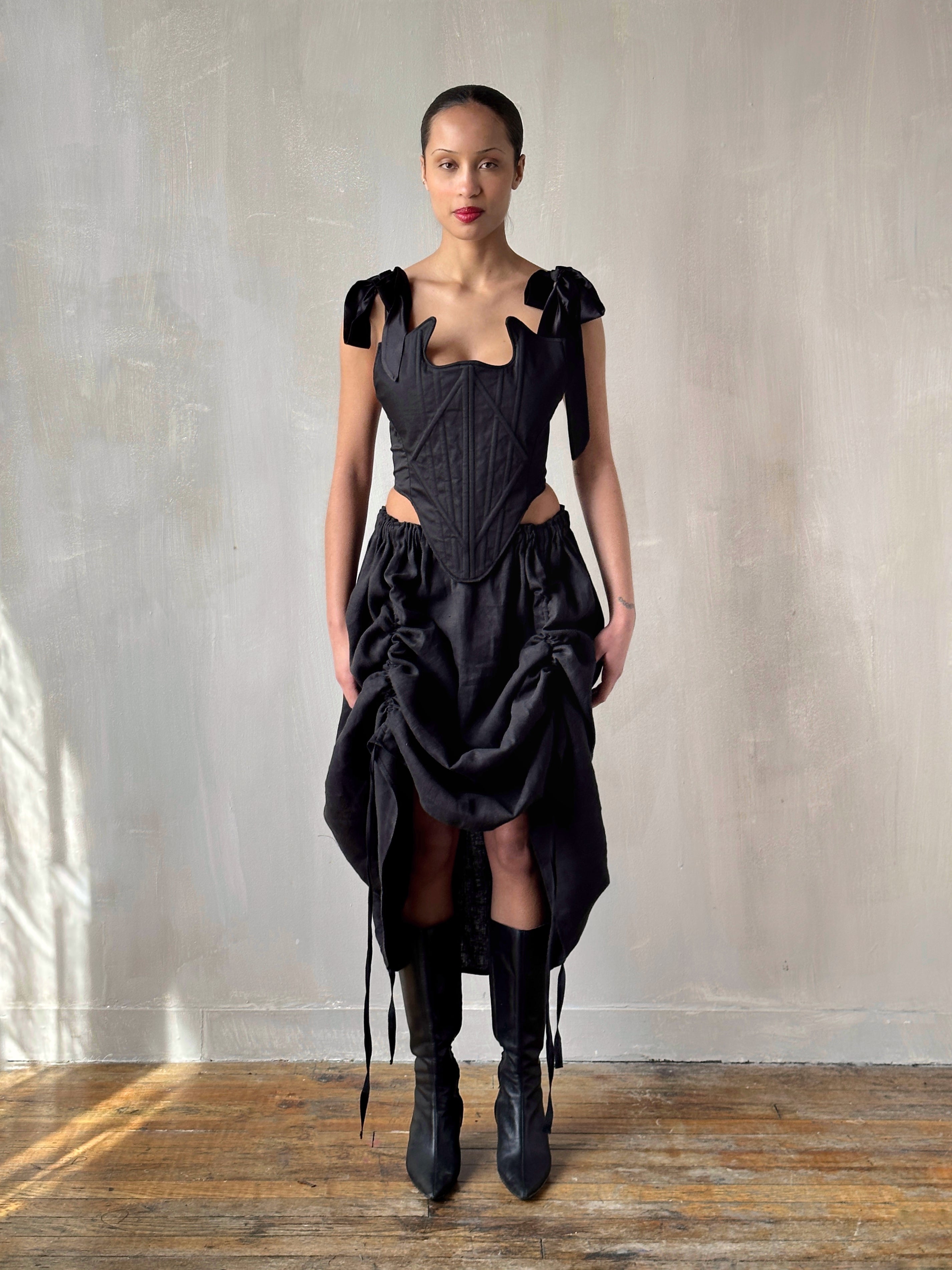 Black Four-Way Drawstring Skirt in Linen (Pre-Order)
