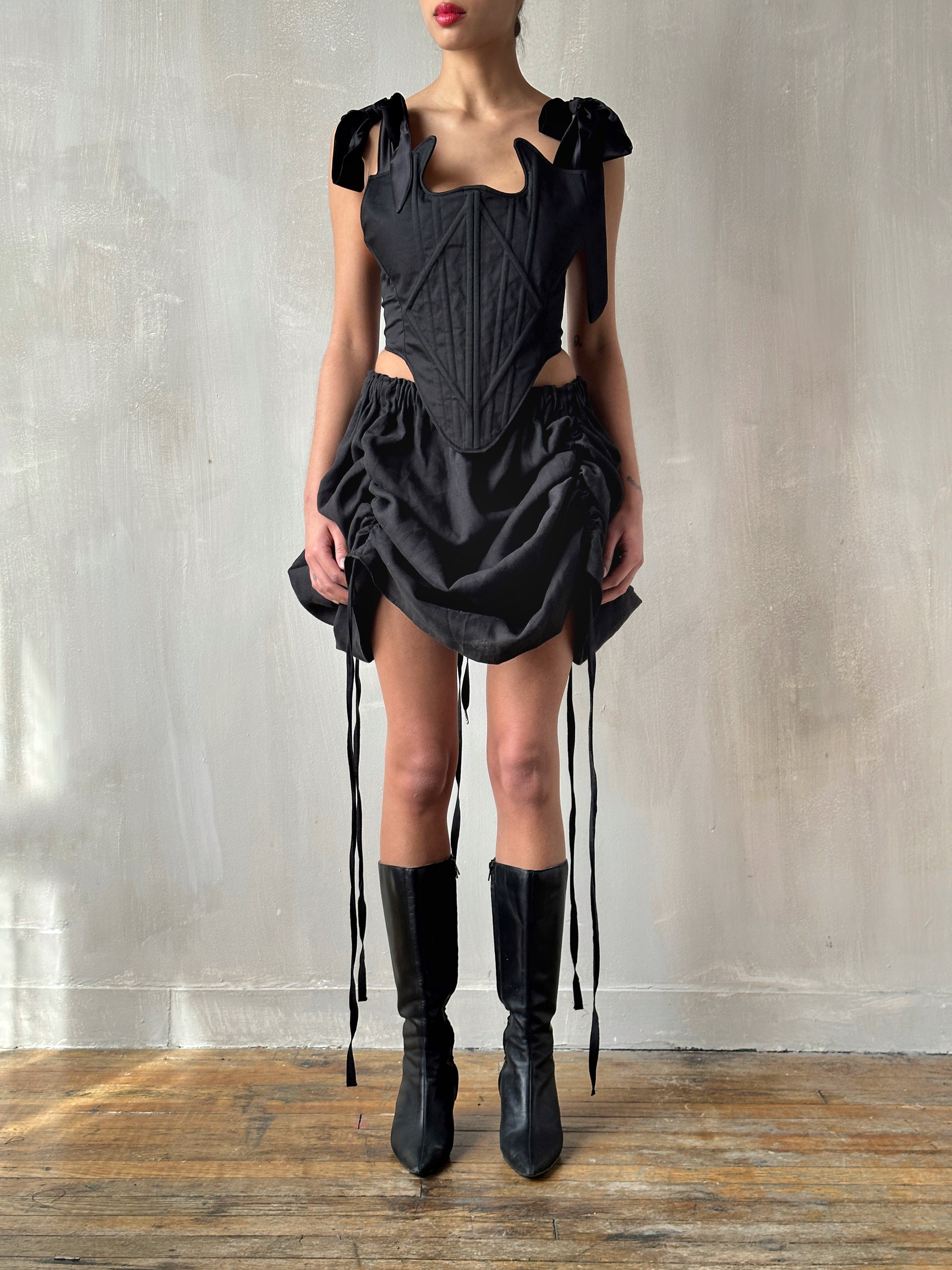 Black Four-Way Drawstring Skirt in Linen (Pre-Order)