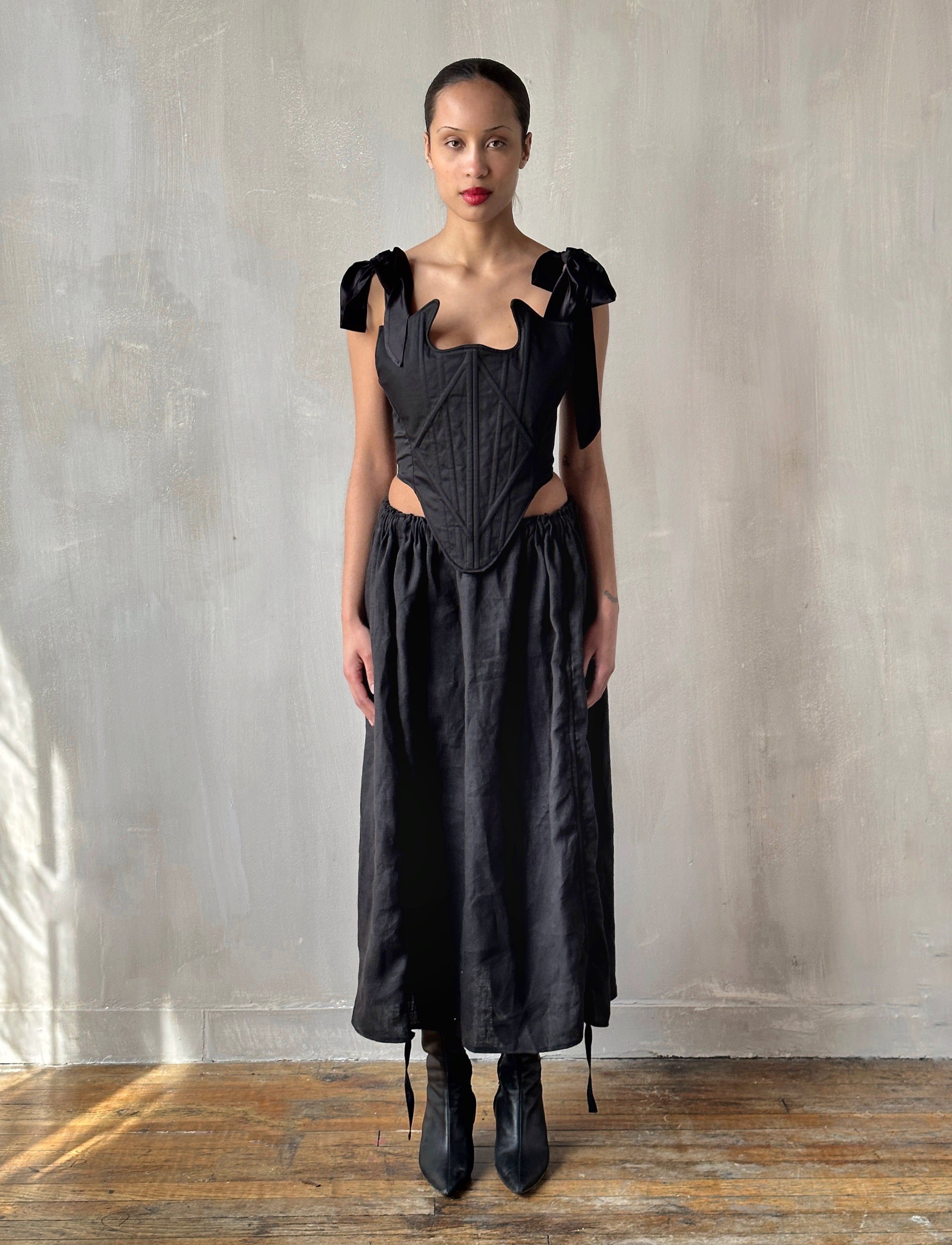 Black Four-Way Drawstring Skirt in Linen (Pre-Order)