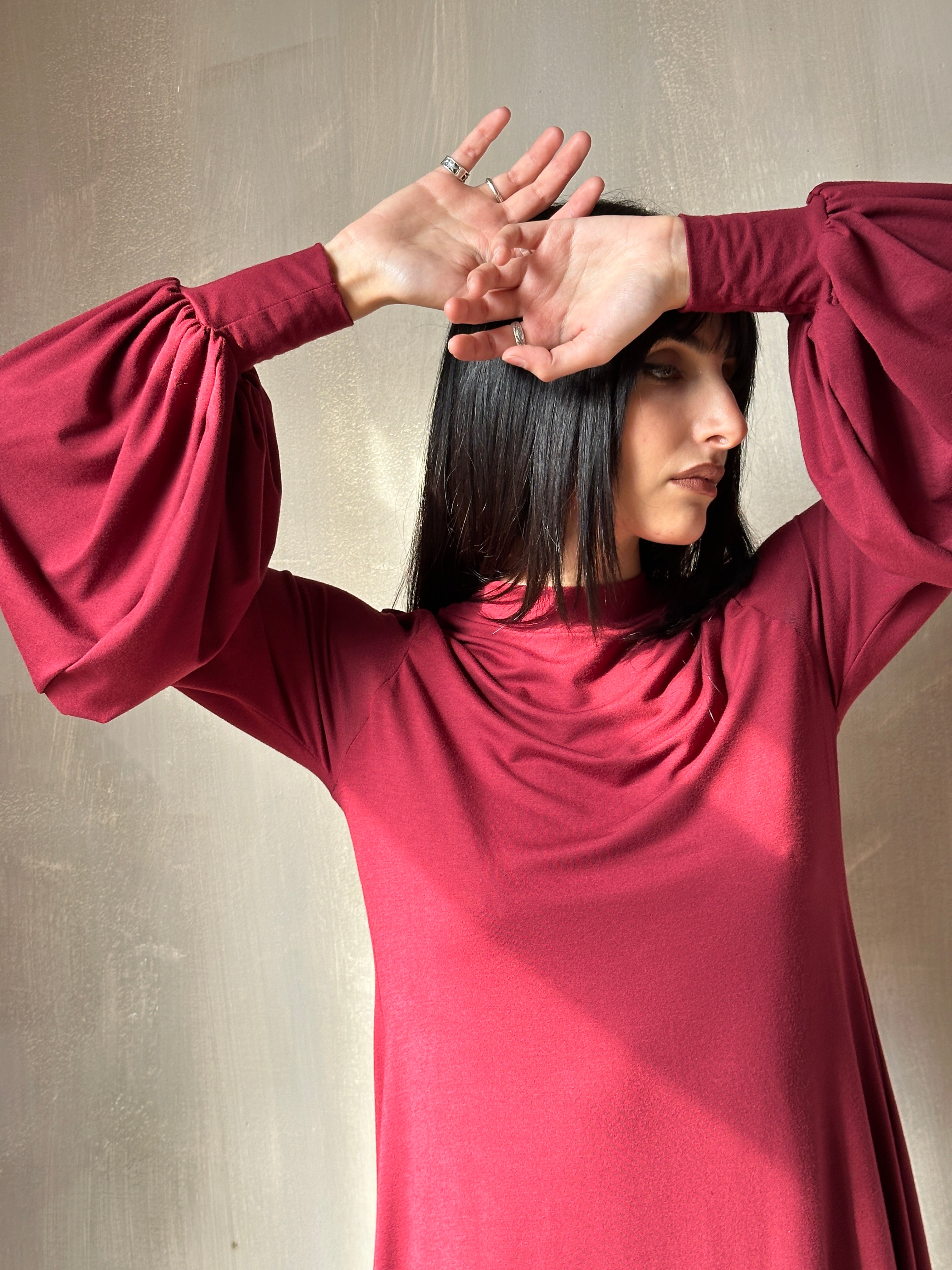 Bishop Sleeve Mini Dress in Blood Red