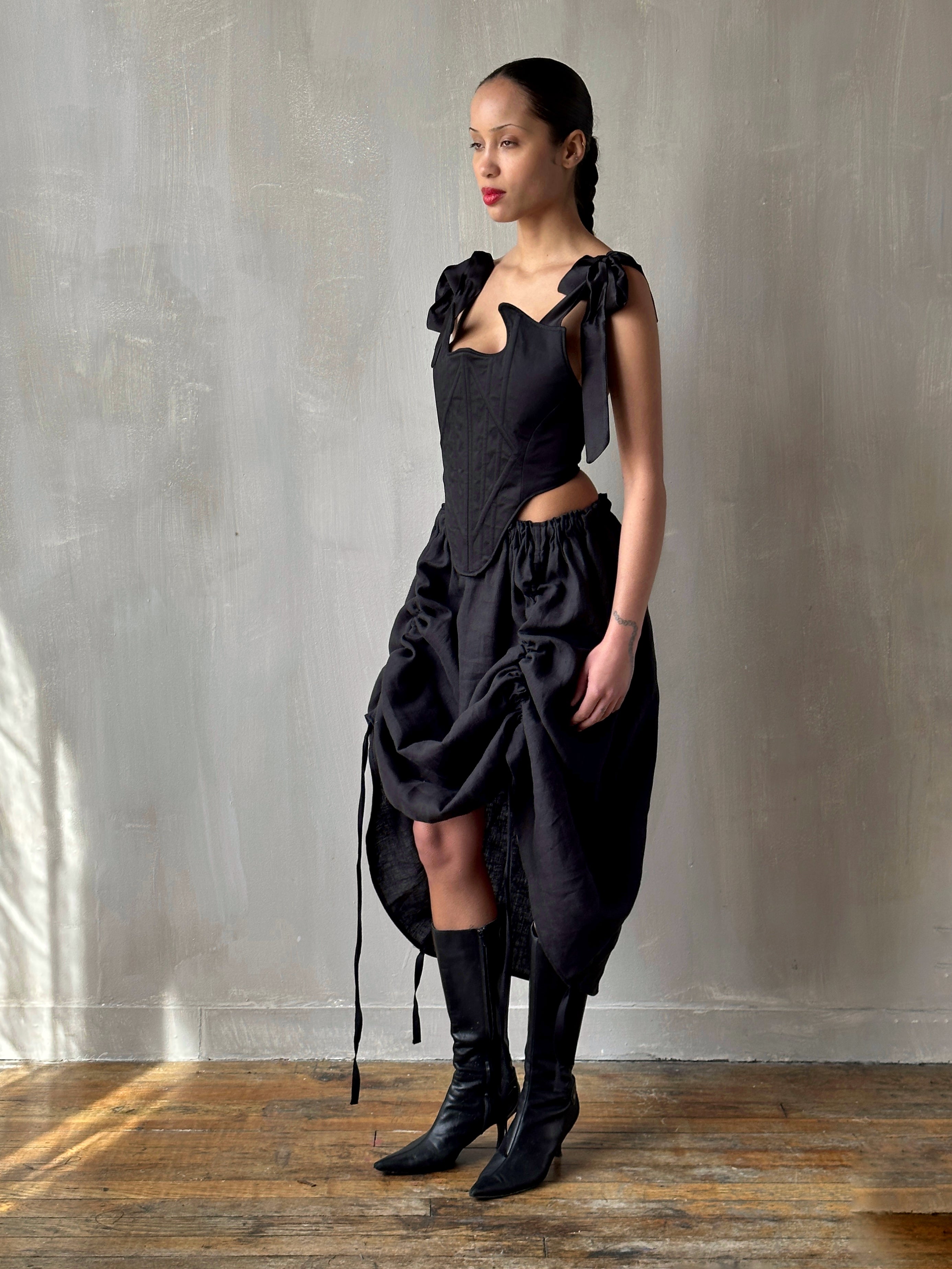 Black Four-Way Drawstring Skirt in Linen (Pre-Order)