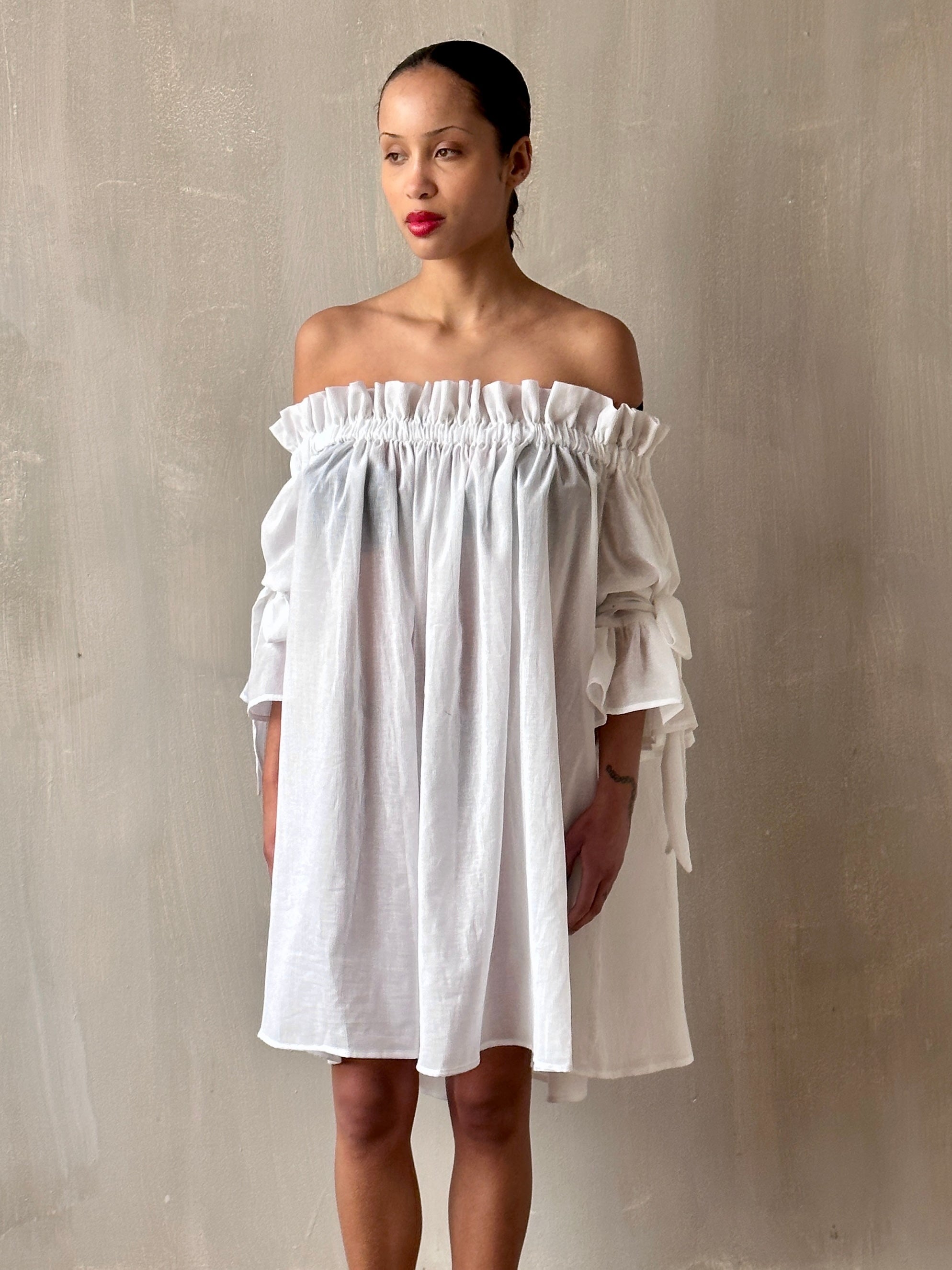 Paperbag Tunic in White Cotton Voile (Made-to-Order)