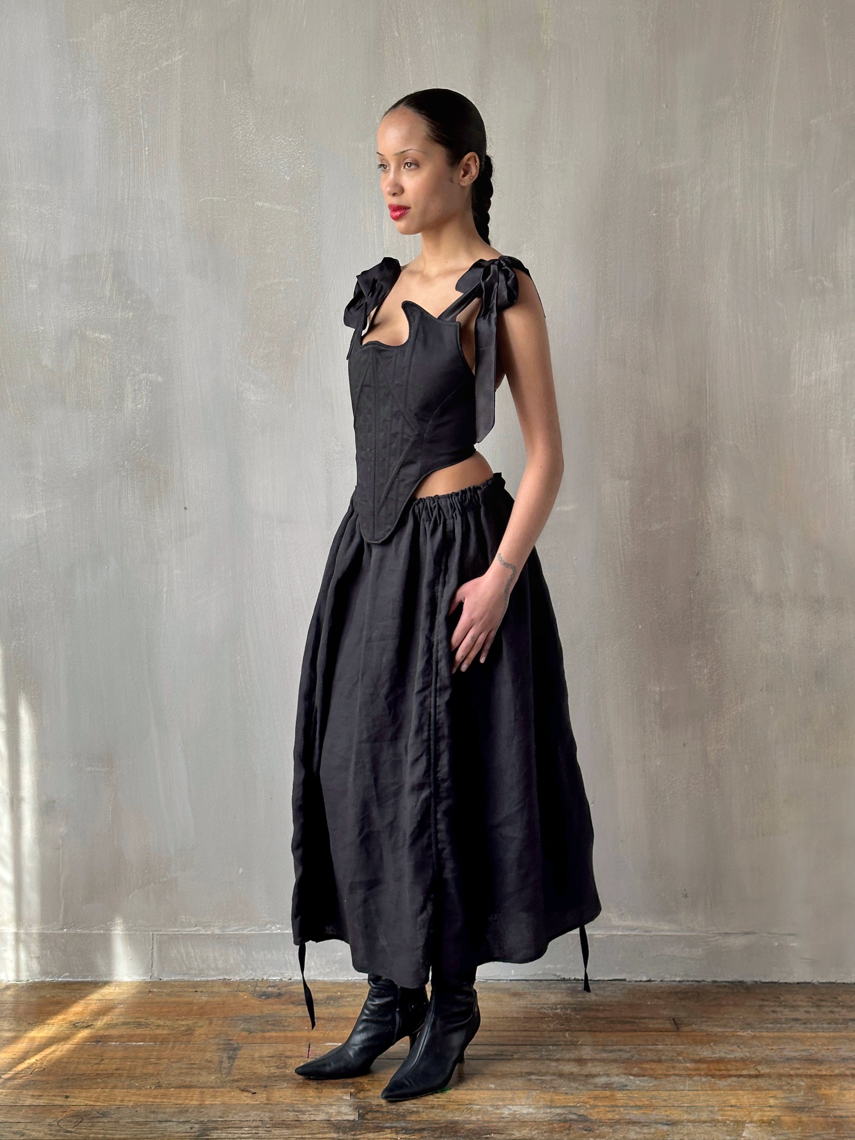 Black Four-Way Drawstring Skirt in Linen (Pre-Order)