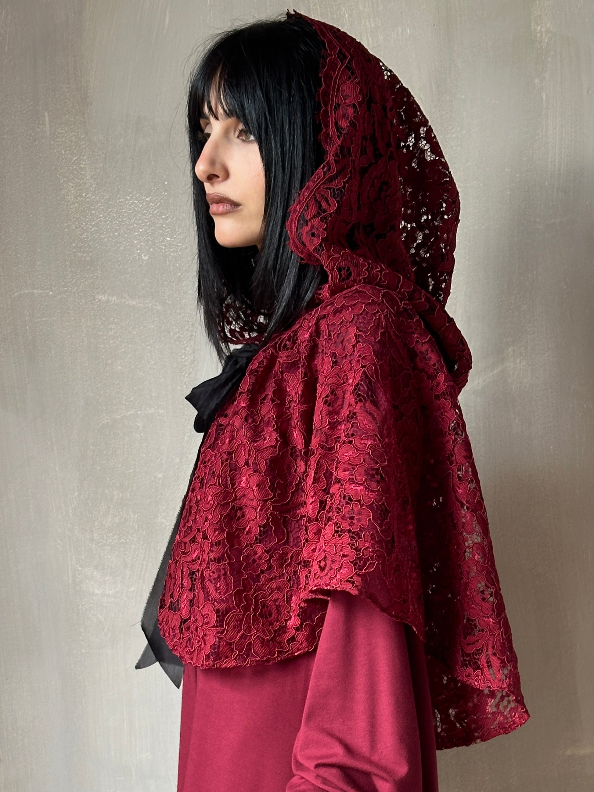 Holiday ‘24: Hooded Capelet in Mourning Lace, Sanguine (In Stock)