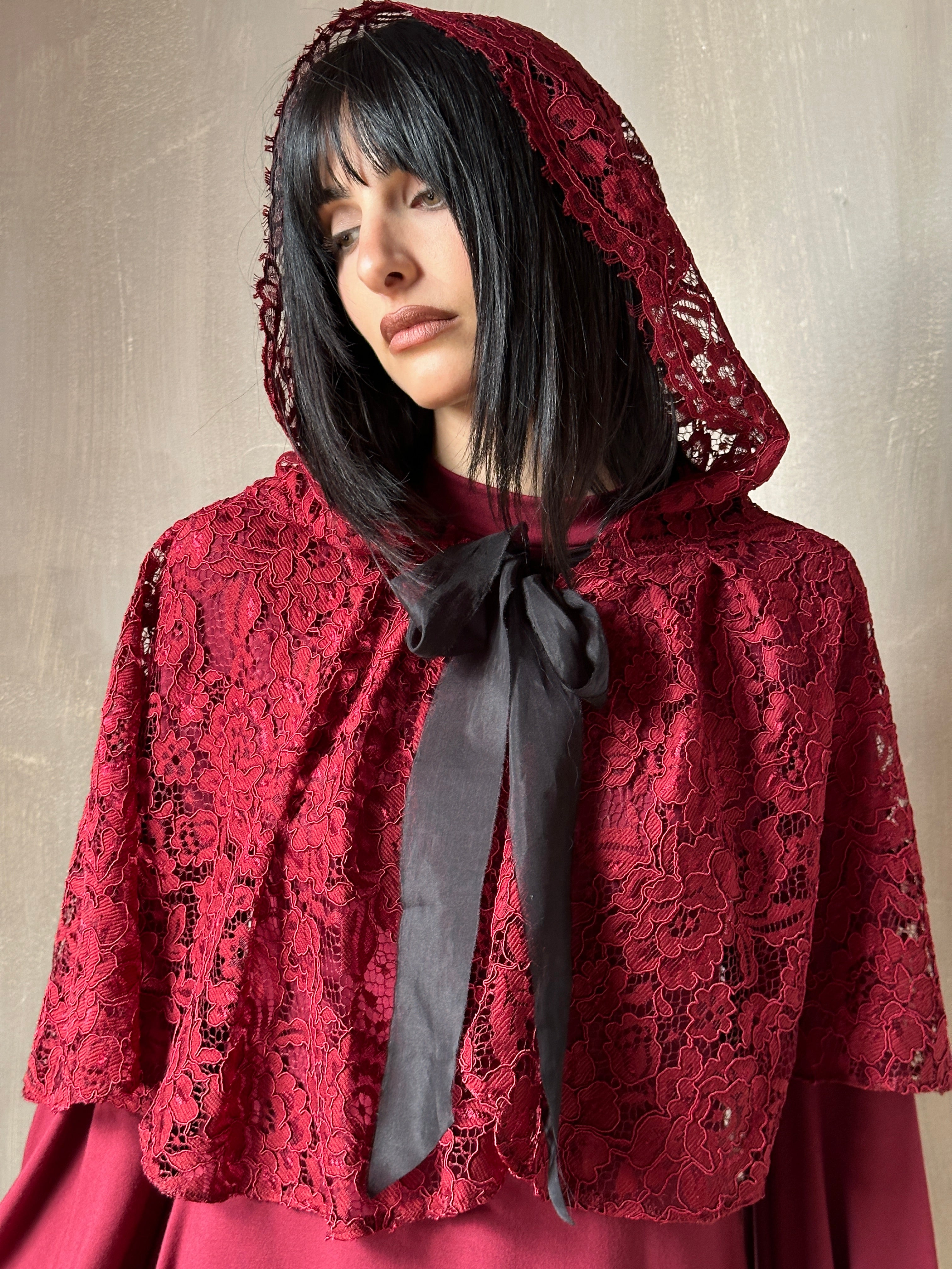 Holiday ‘24: Hooded Capelet in Mourning Lace, Sanguine (In Stock)
