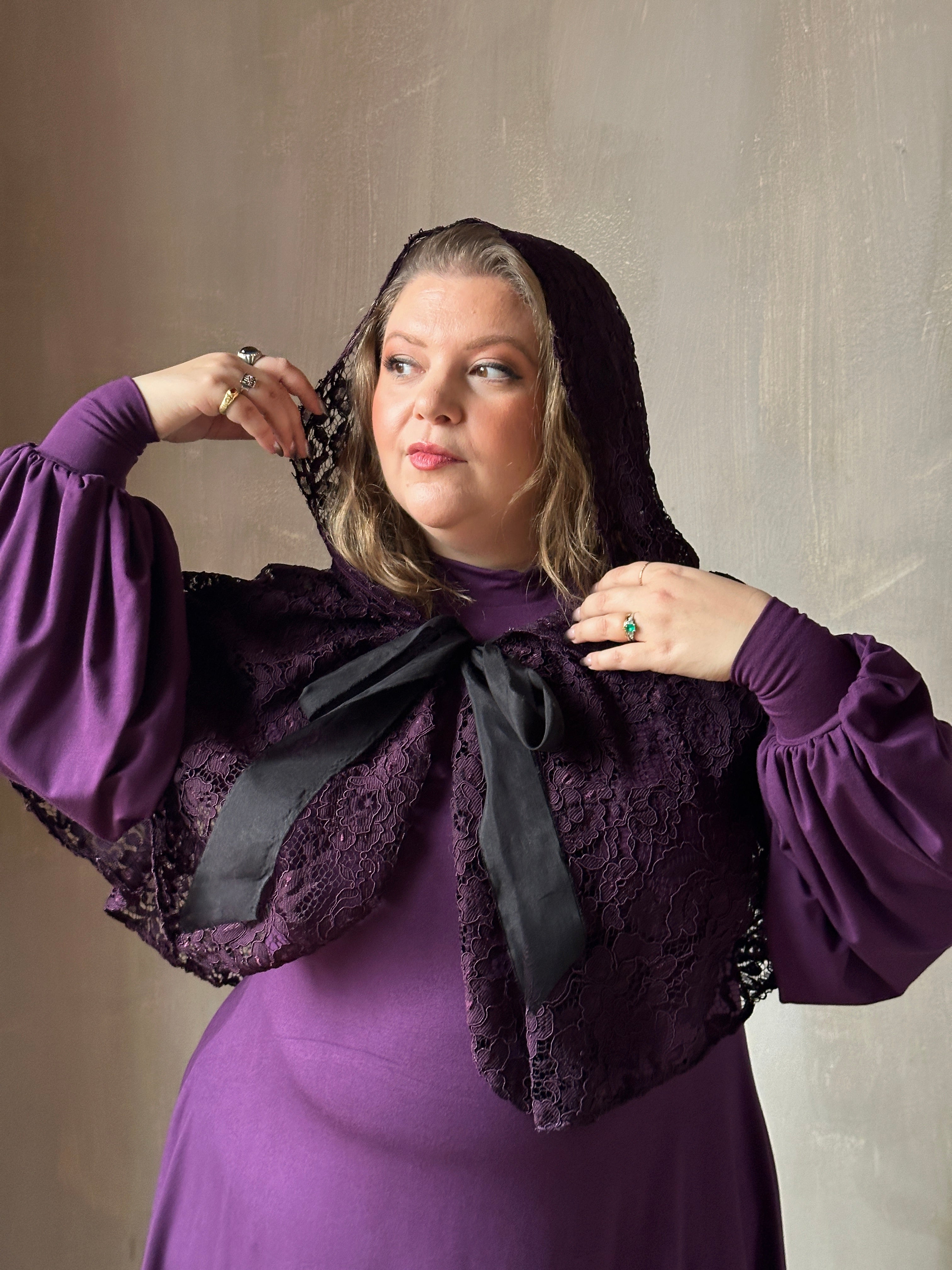 Holiday '24: Hooded Capelet in Mourning Lace, Black Purple