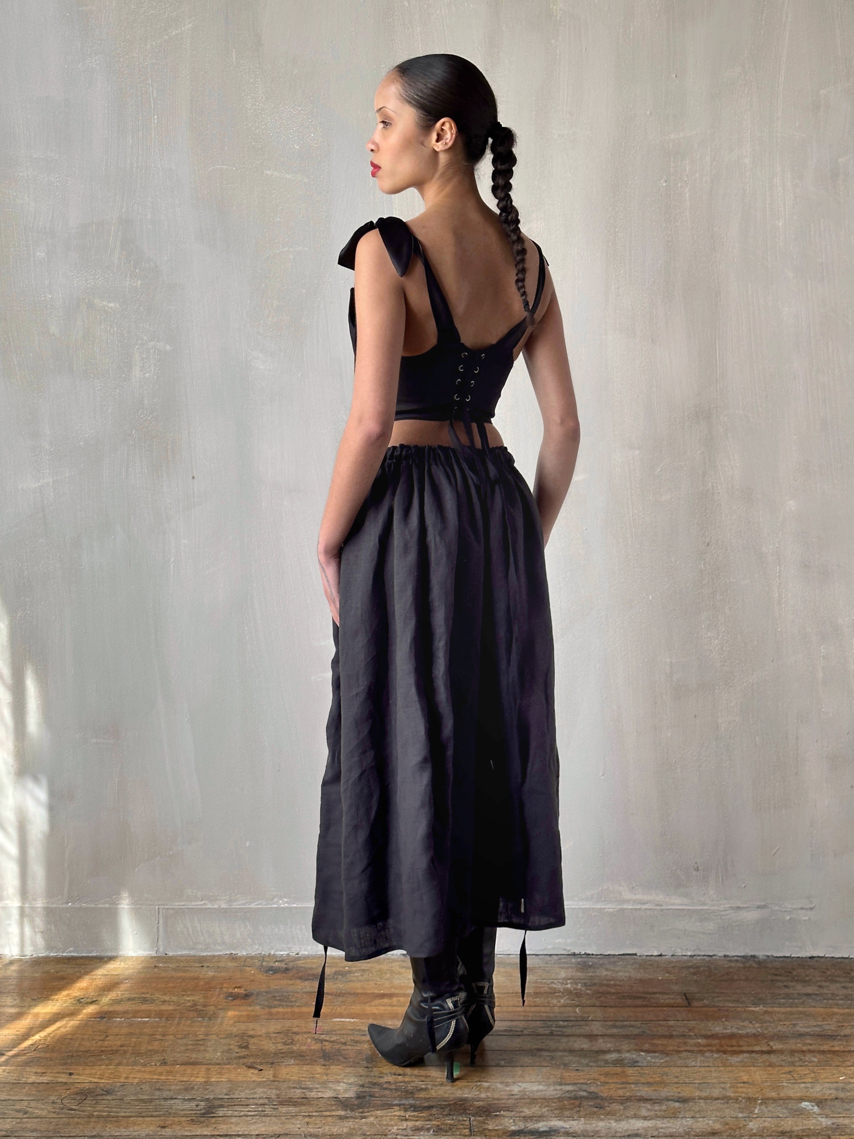Black Four-Way Drawstring Skirt in Linen (Pre-Order)
