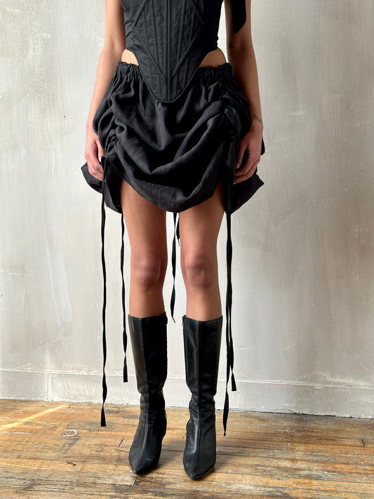 Spring '24 Black Four-Way Drawstring Skirt in Linen (Pre-Order)