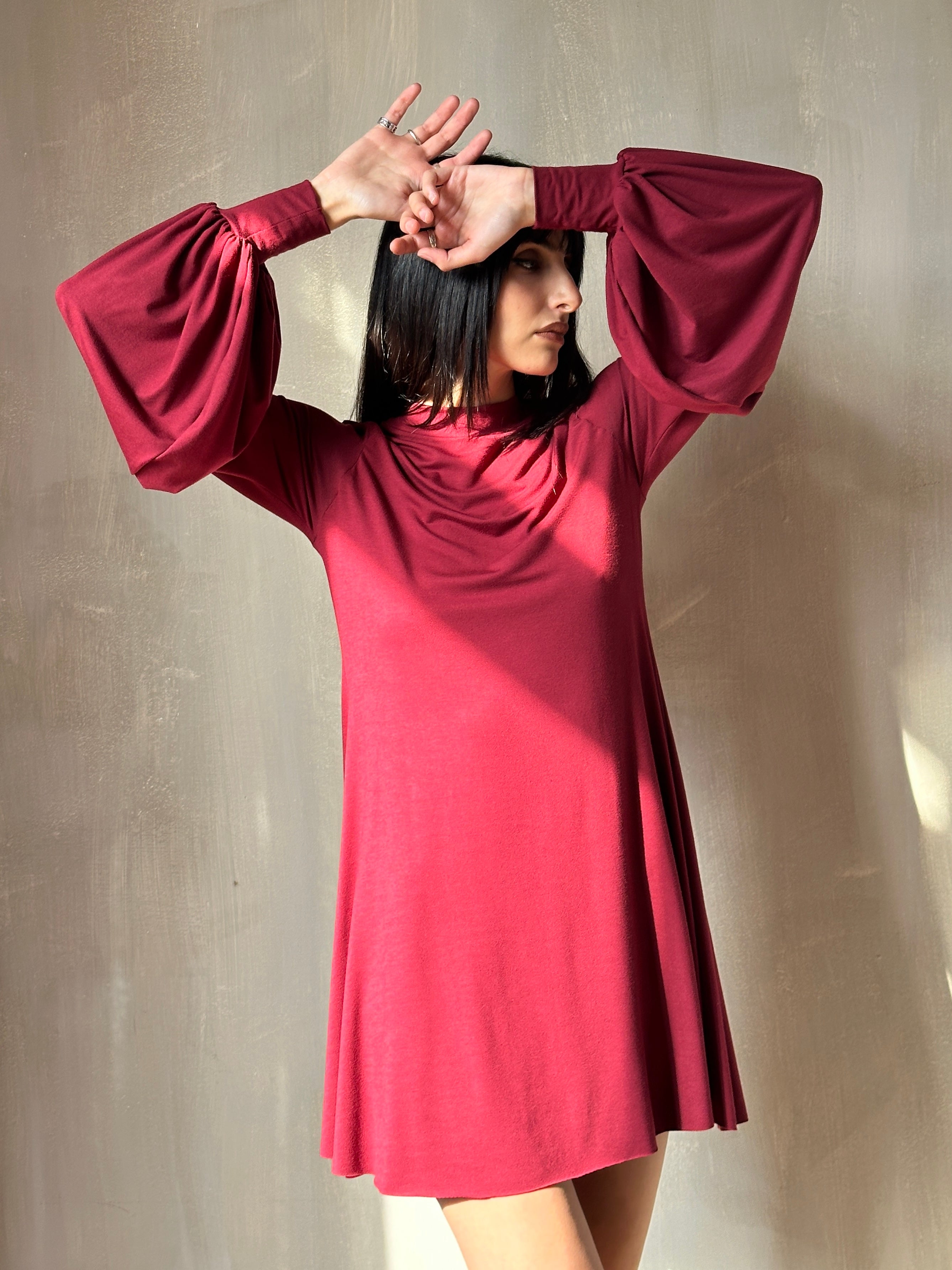 Bishop Sleeve Mini Dress in Blood Red