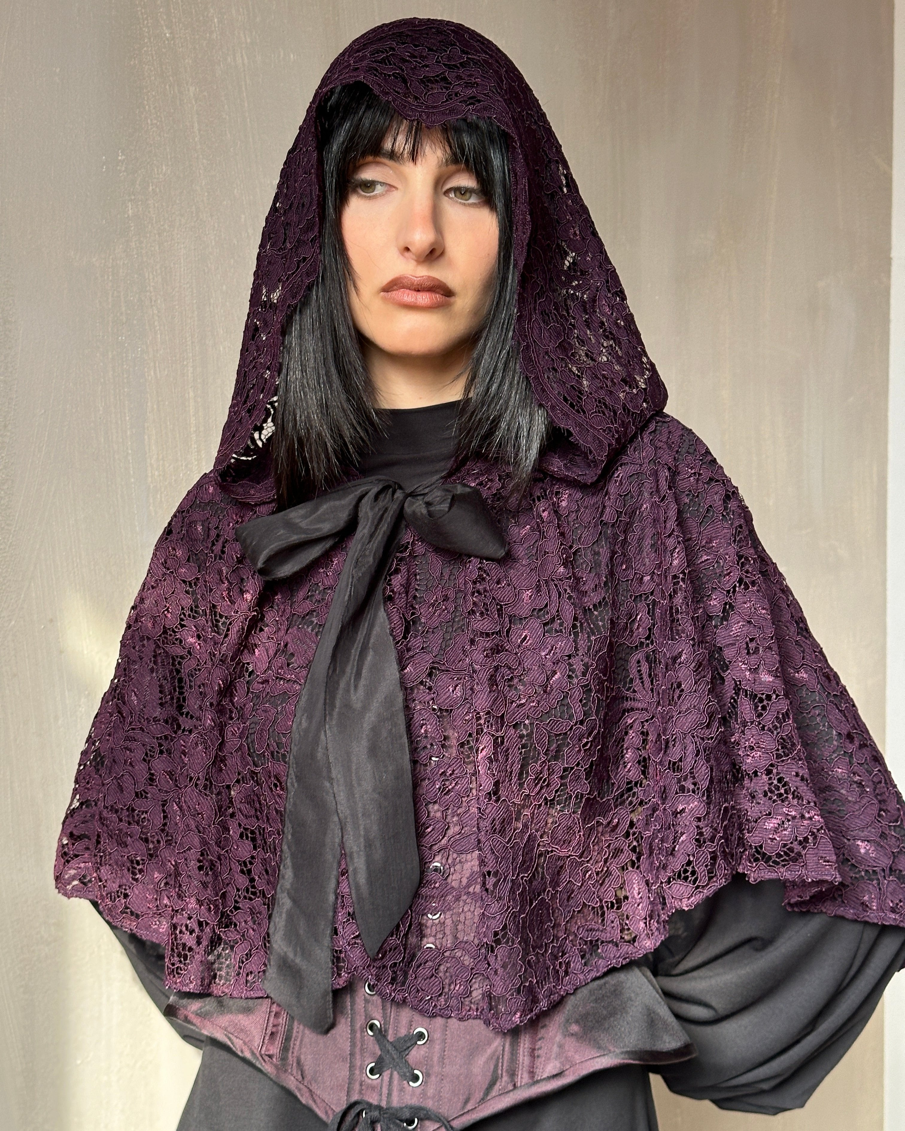 Holiday '24: Hooded Capelet in Mourning Lace, Black Purple