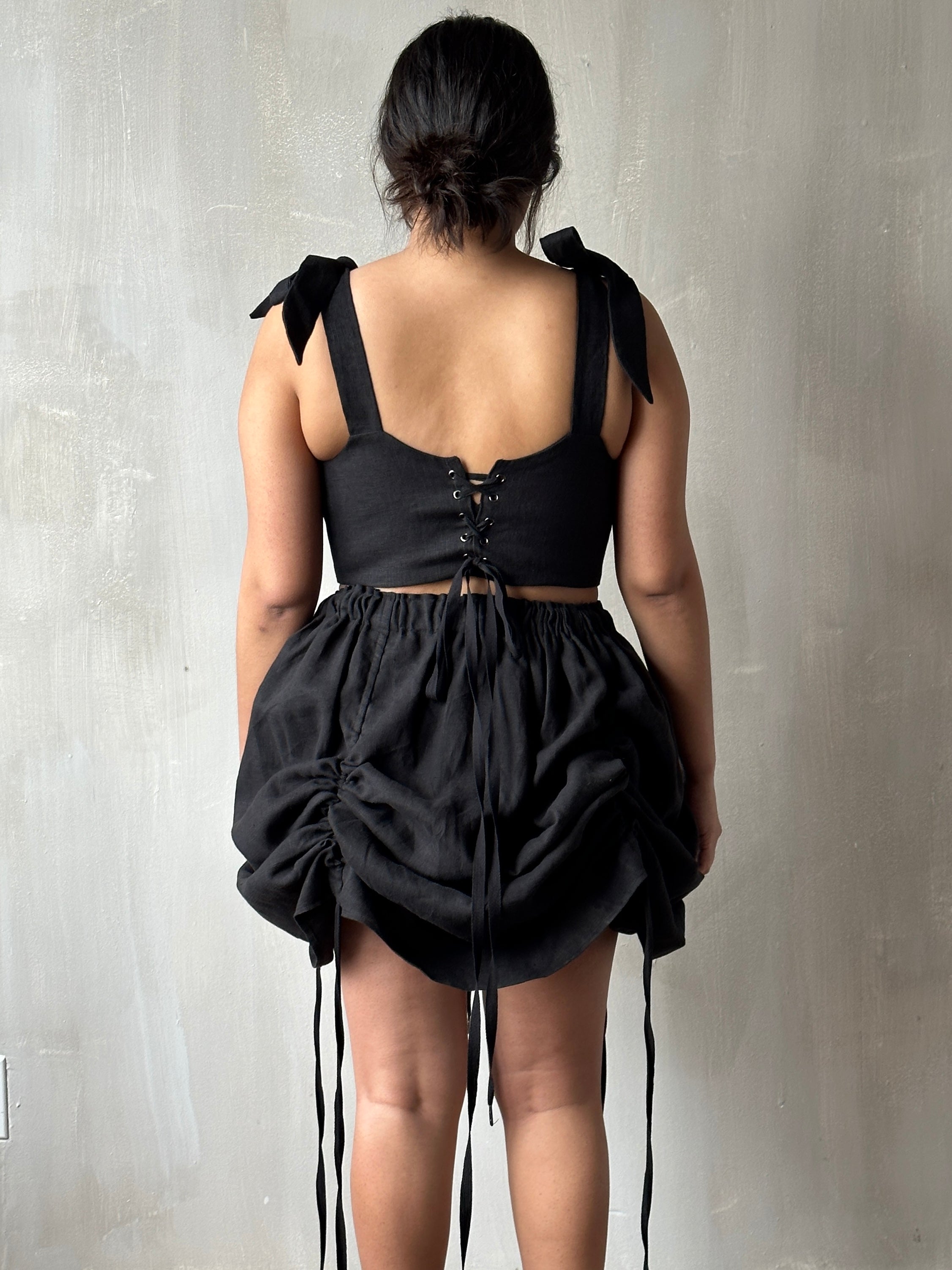 Black Four-Way Drawstring Skirt in Linen (Pre-Order)