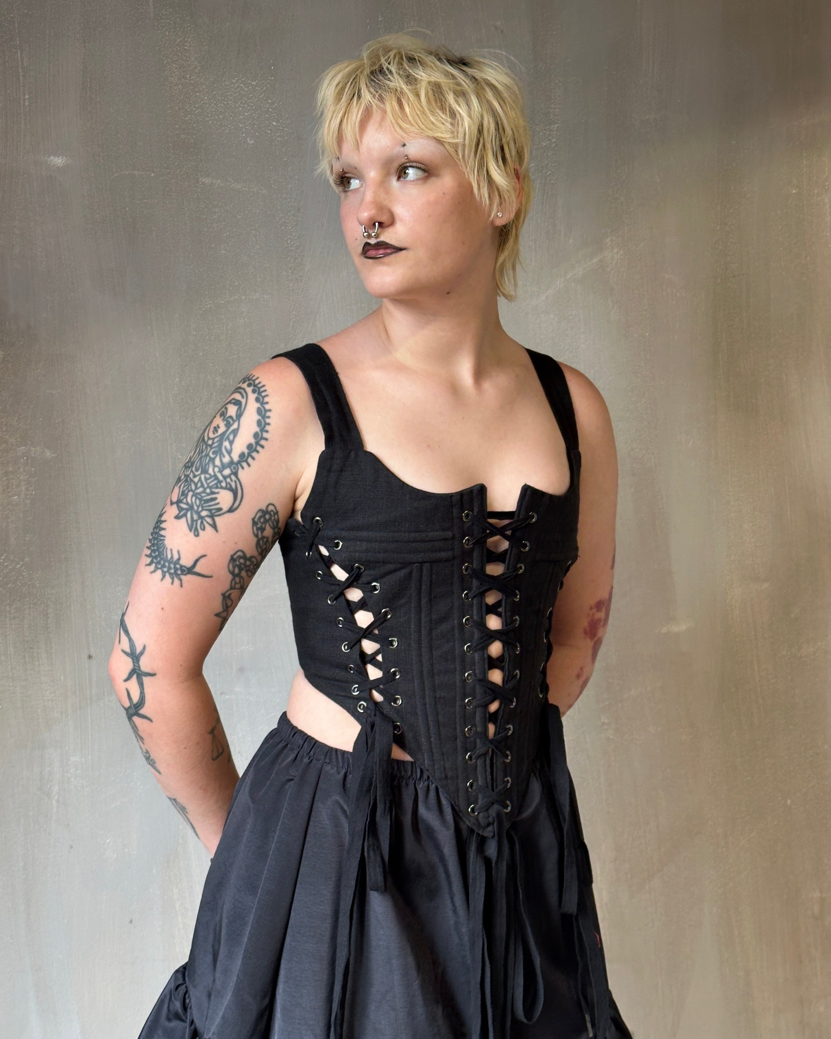 Sample Sale: Triple-Laced Corset in Black Linen (Size II)