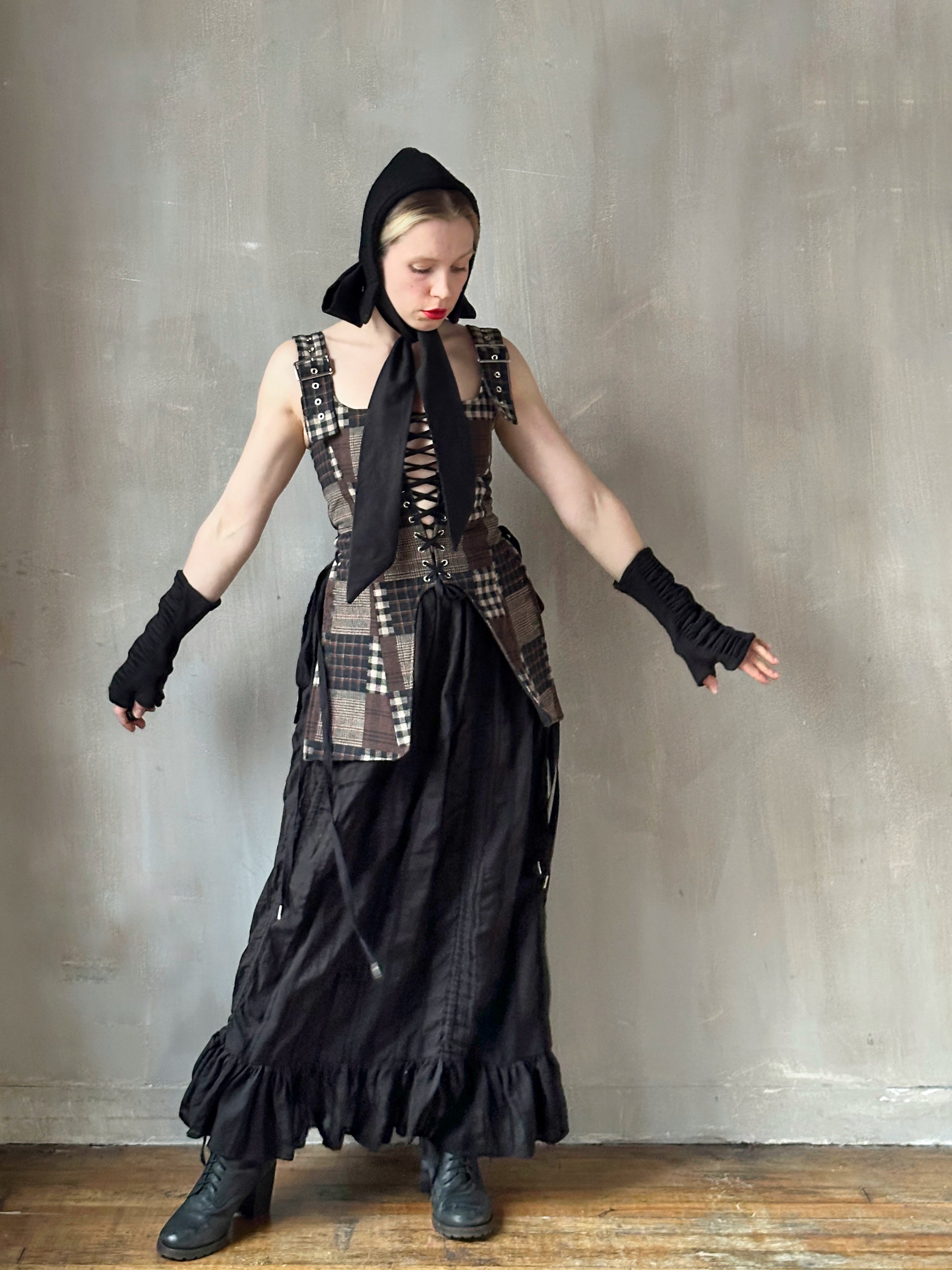 Winter '26: Pinafore Corset Vest in Plaid Patchwork Cotton (In Stock) Winter '26: Pinafore Corset Vest in Plaid Patchwork Cotton (In Stock)