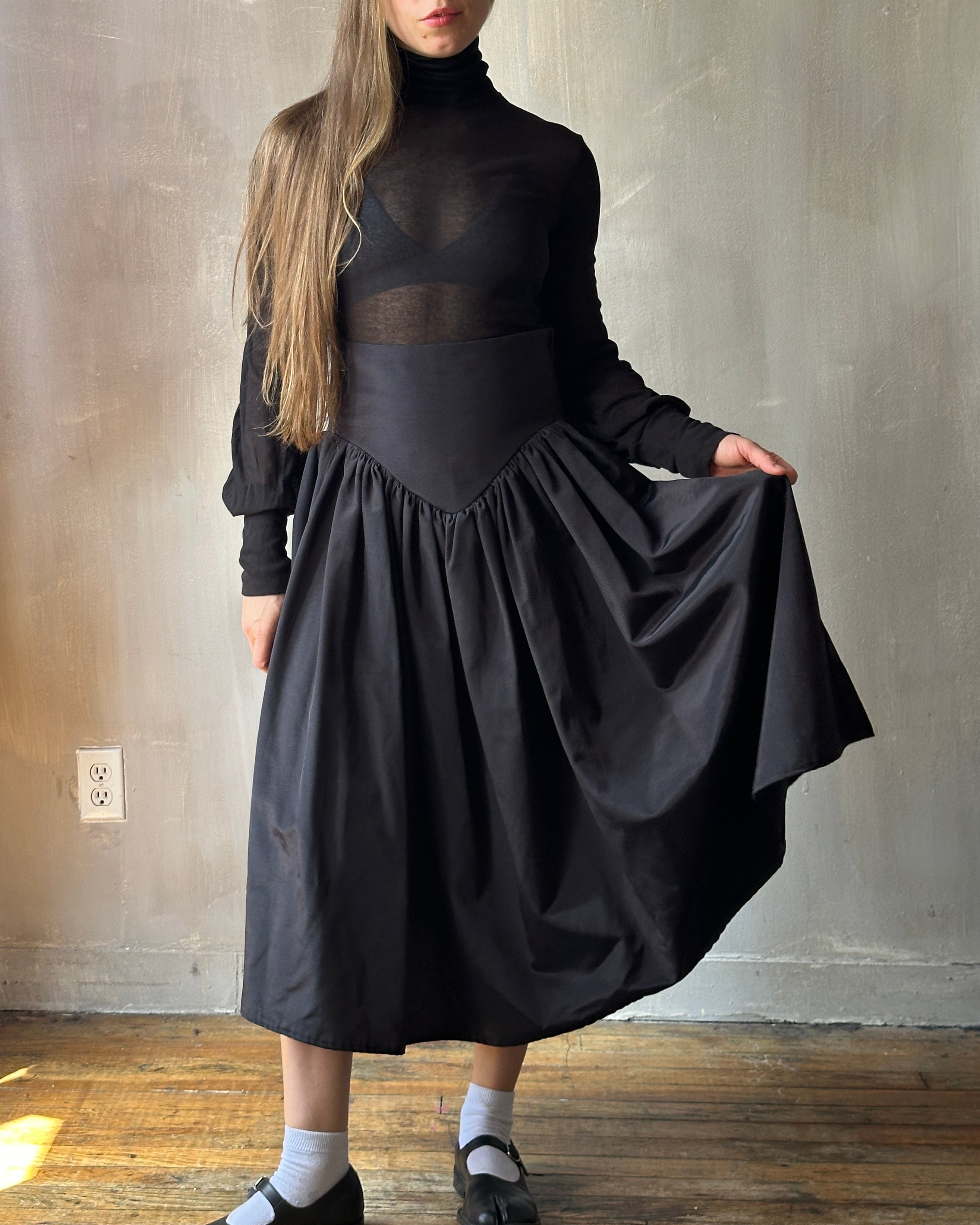 Extended Yoke Petticoat Skirt In Black Twill Taffeta (In Stock)