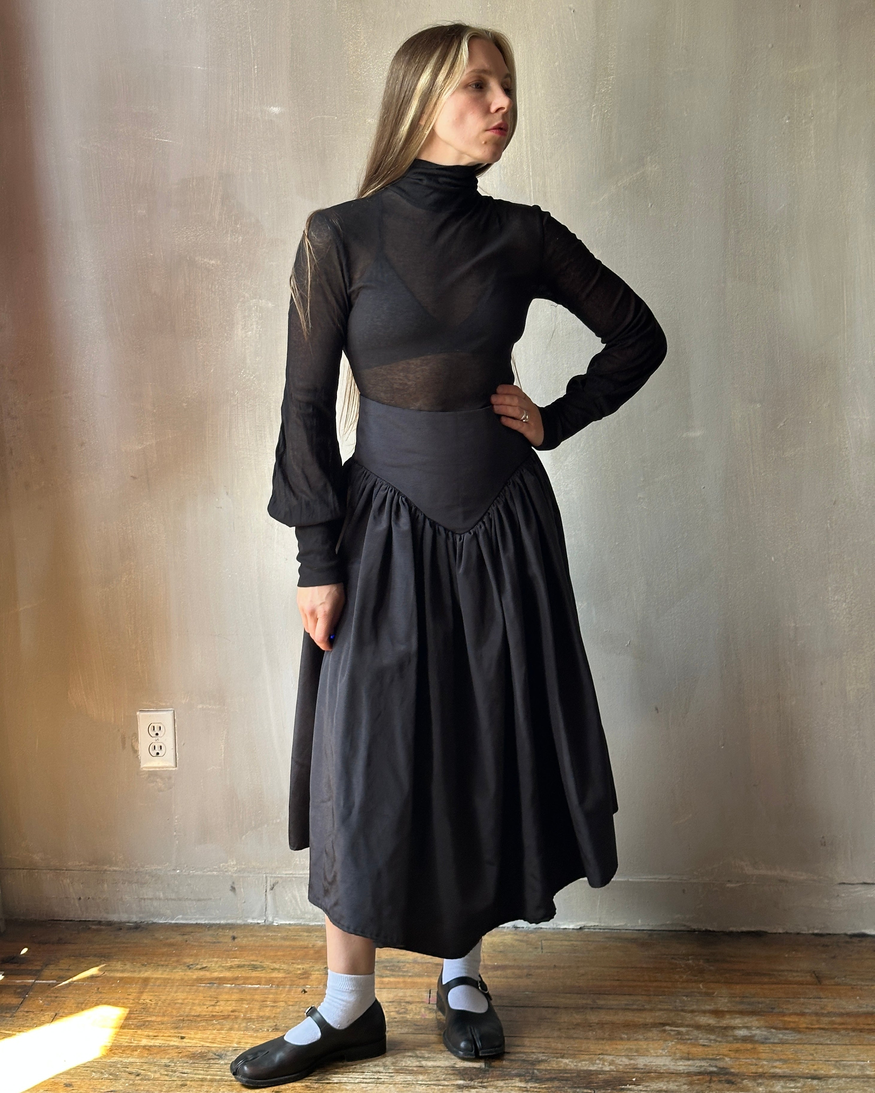 Extended Yoke Petticoat Skirt In Black Twill Taffeta (In Stock)