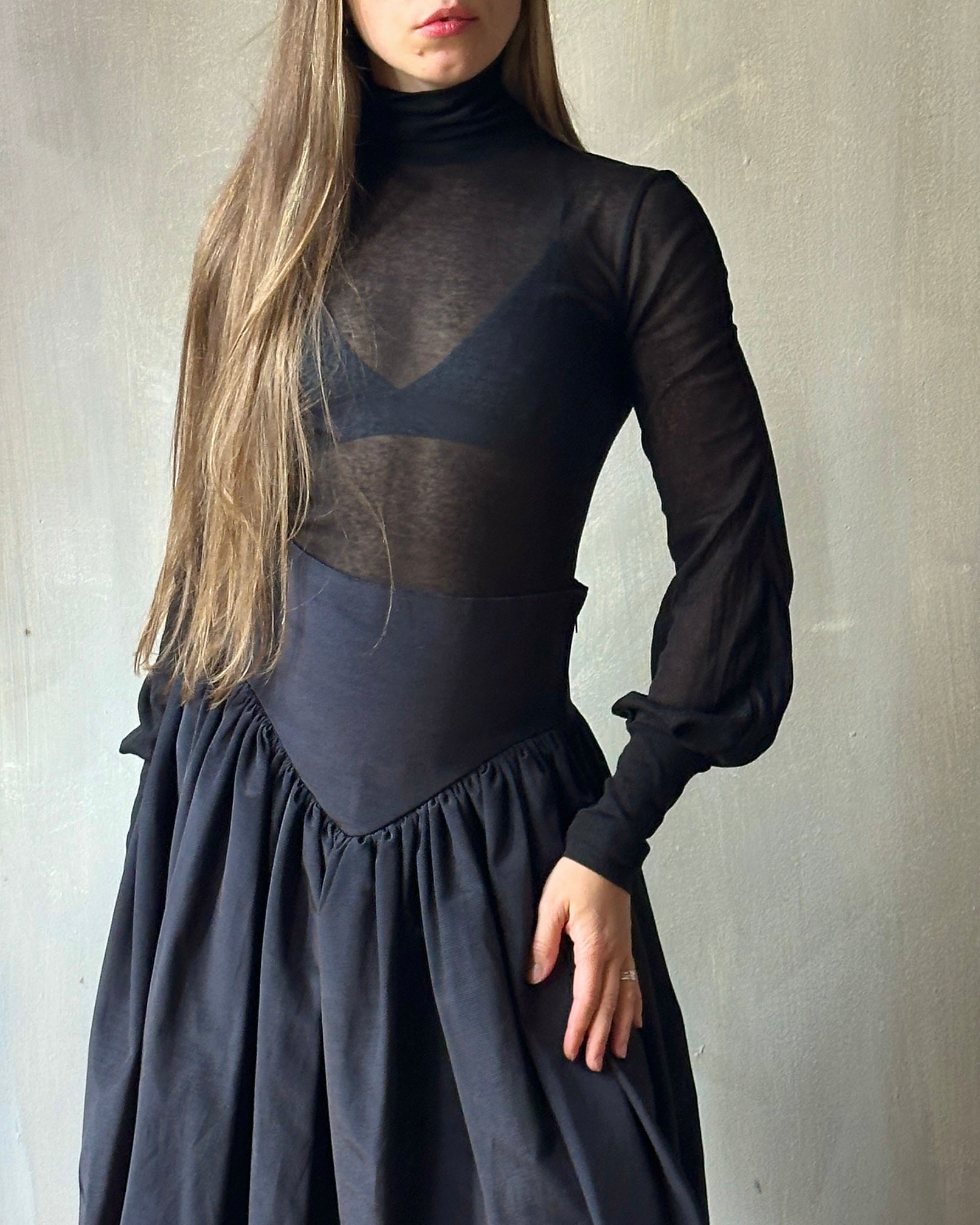 Extended Yoke Petticoat Skirt In Black Twill Taffeta (In Stock)