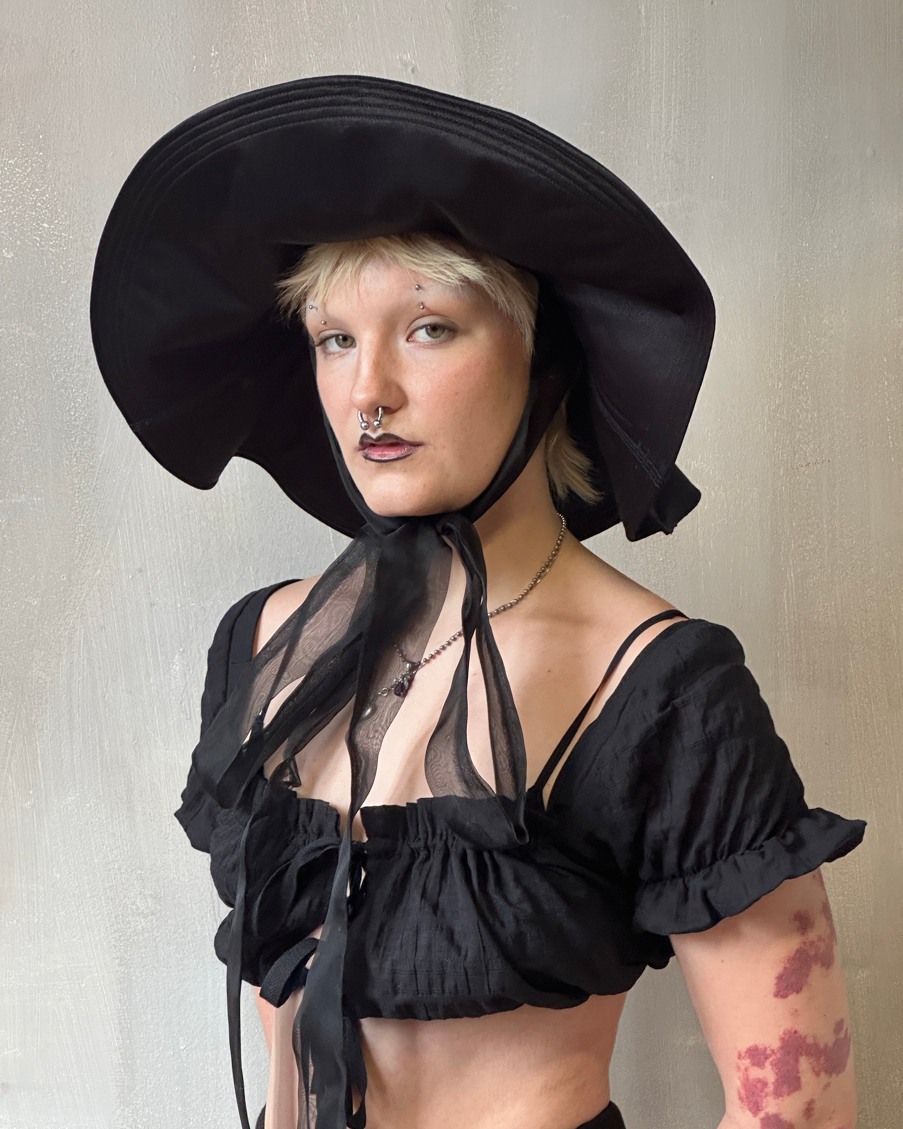 Sample Sale: Black Satin Sun Hat with Silk Ties (23")