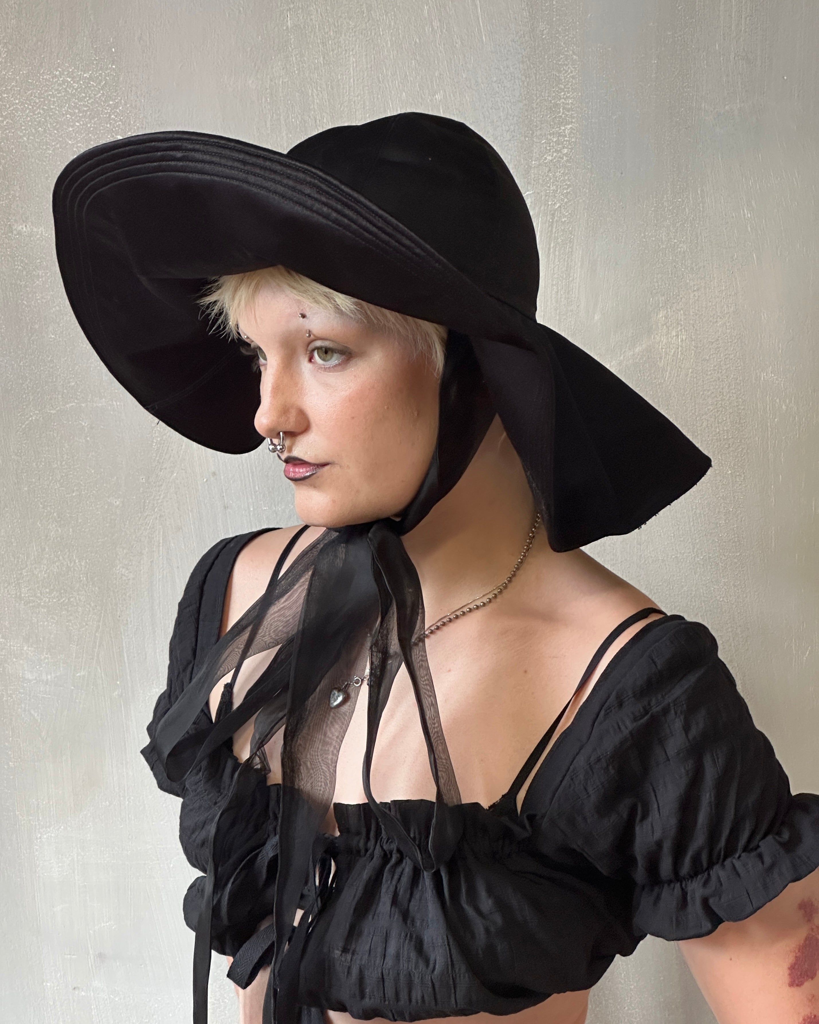 Sample Sale: Black Satin Sun Hat with Silk Ties (23")