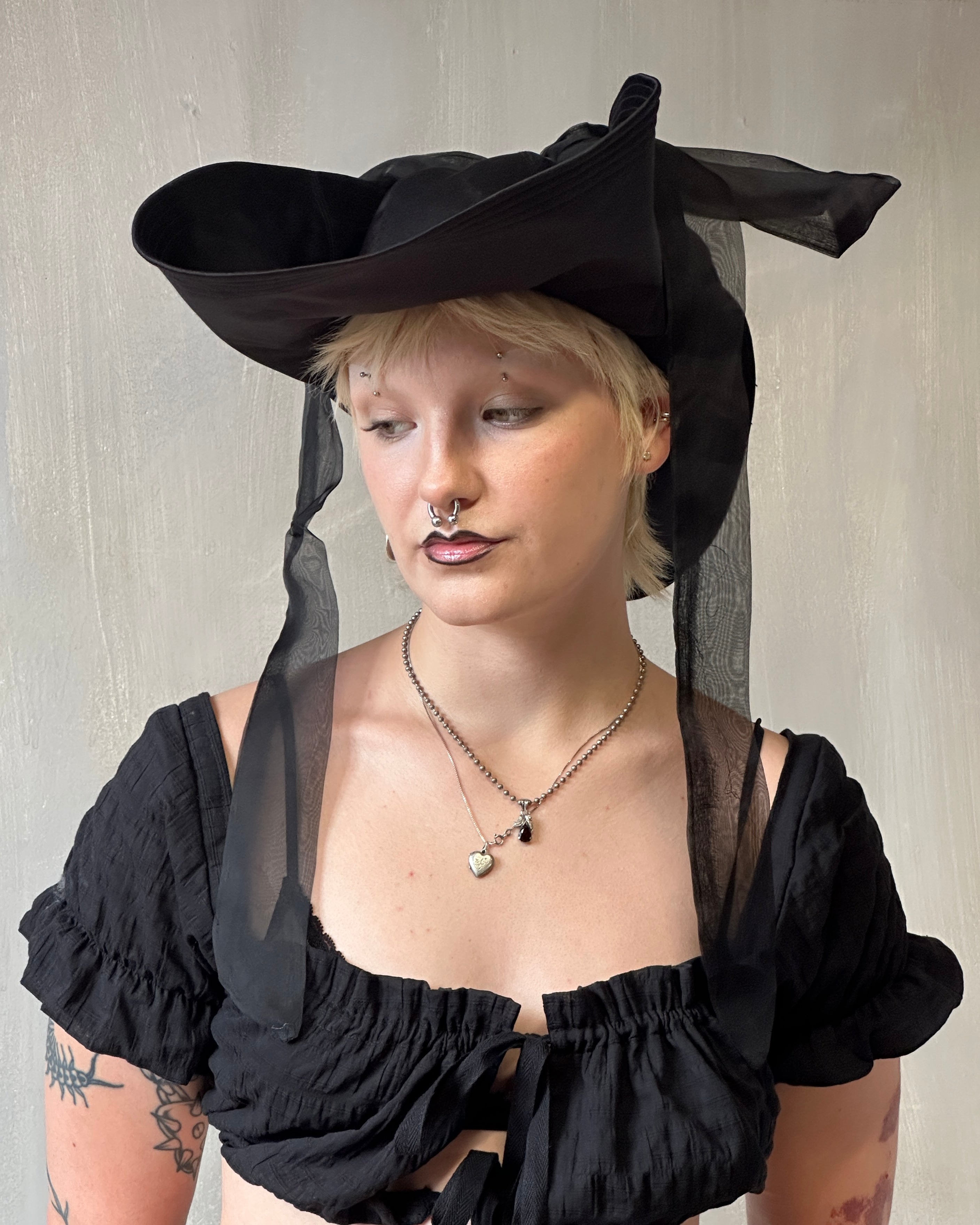 Sample Sale: Black Satin Sun Hat with Silk Ties (23")