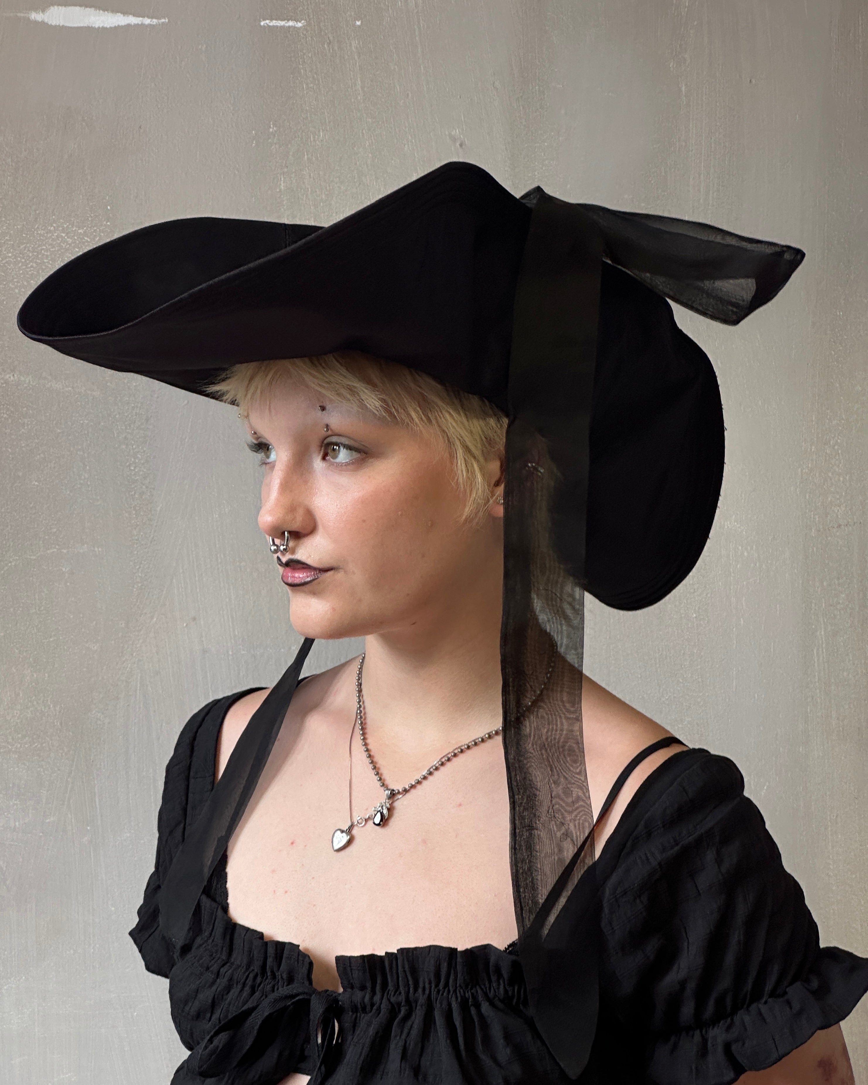 Sample Sale: Black Satin Sun Hat with Silk Ties (23")