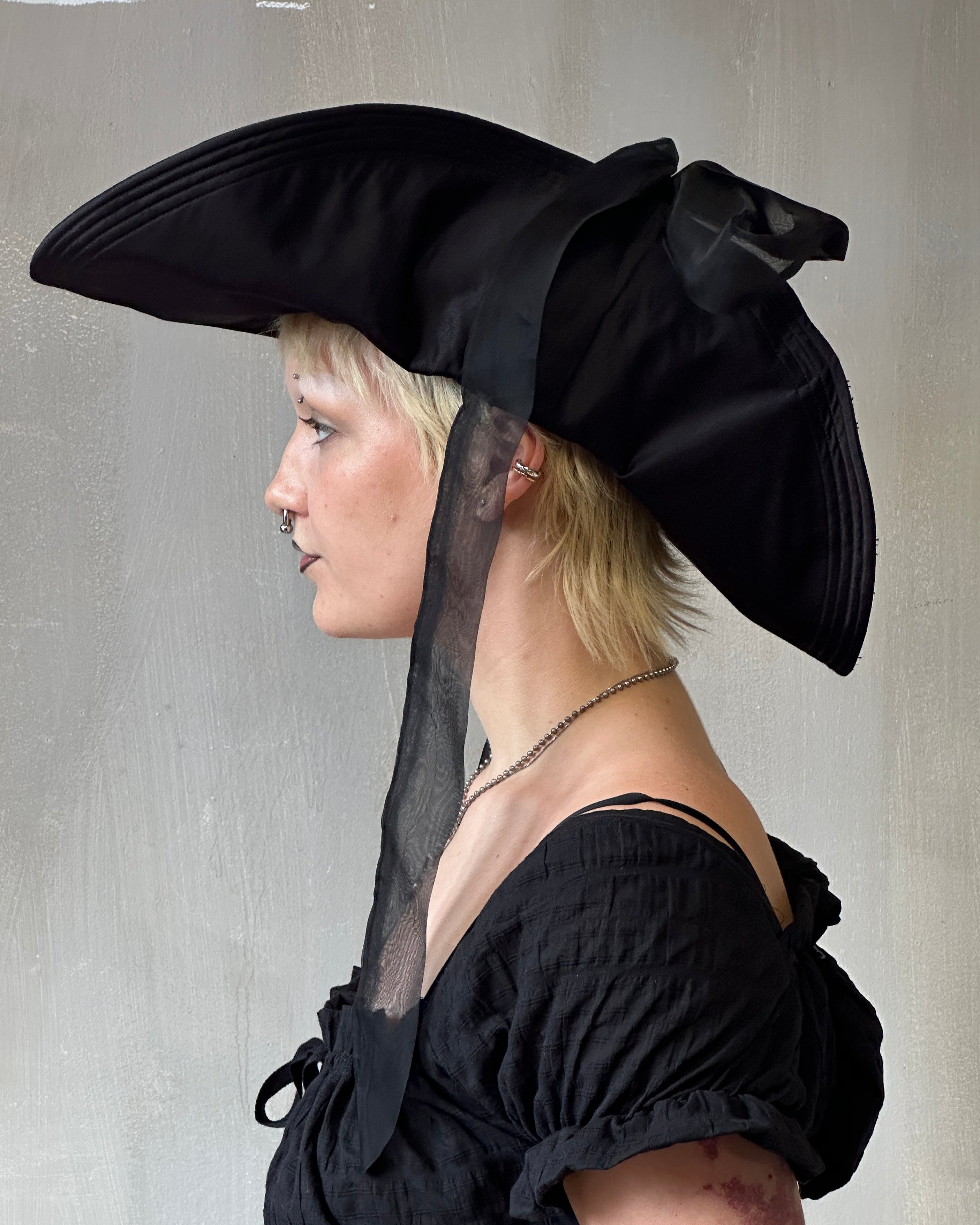 Sample Sale: Black Satin Sun Hat with Silk Ties (23")