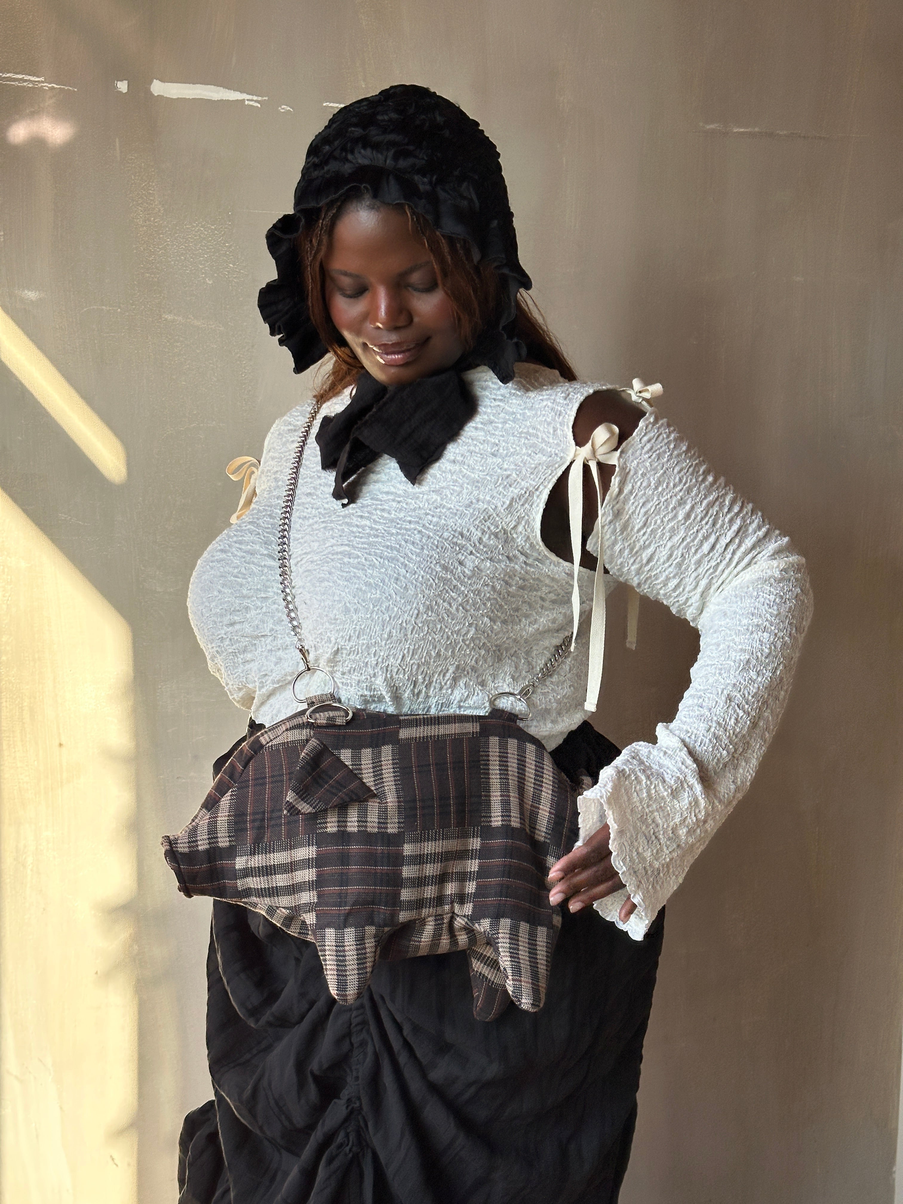 Winter '26: "Peggy" the Plush Pig Purse in Plaid Patchwork Cotton (Pre-Order)