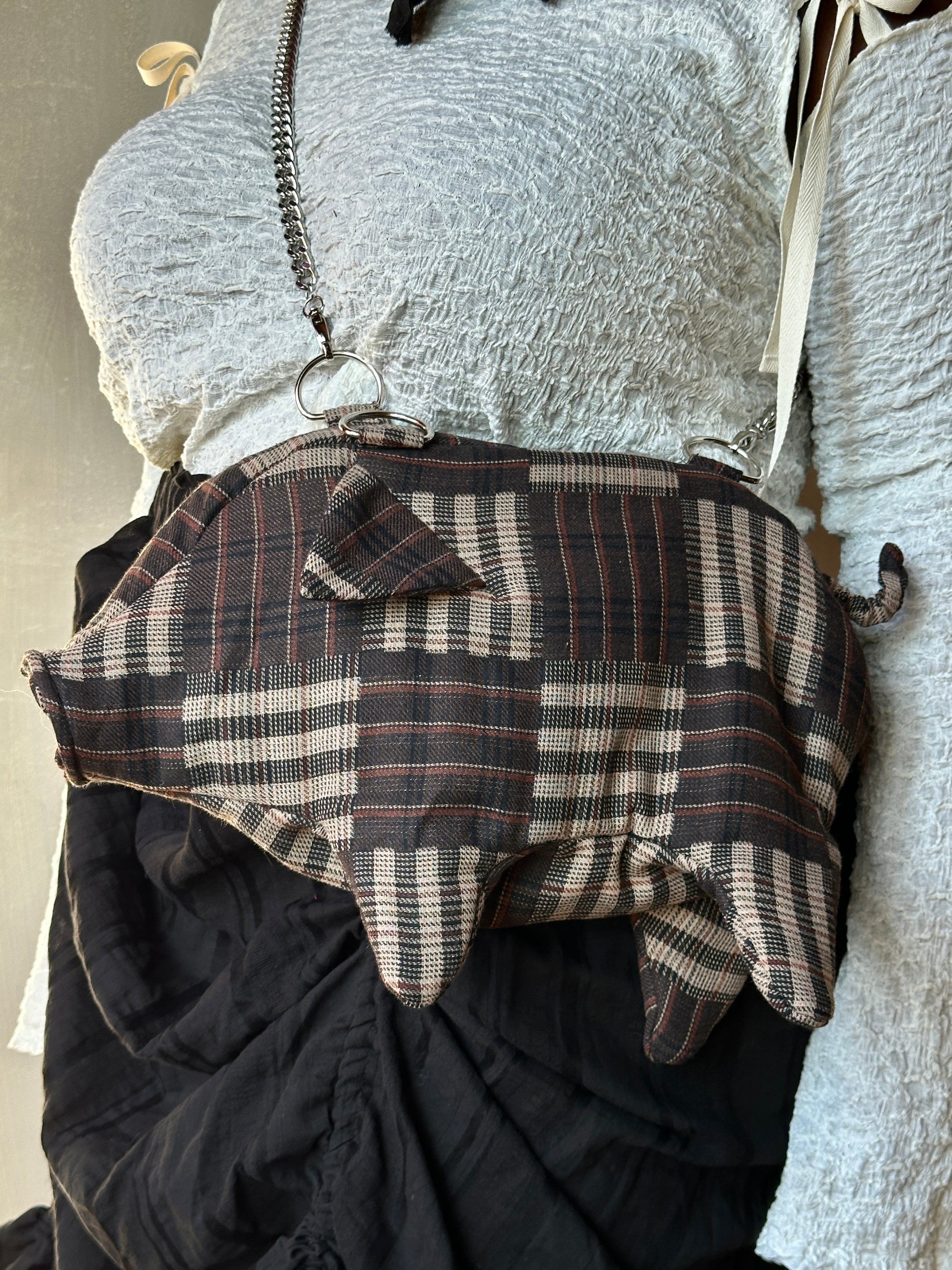 Winter '26: "Peggy" the Plush Pig Purse in Plaid Patchwork Cotton (Pre-Order)