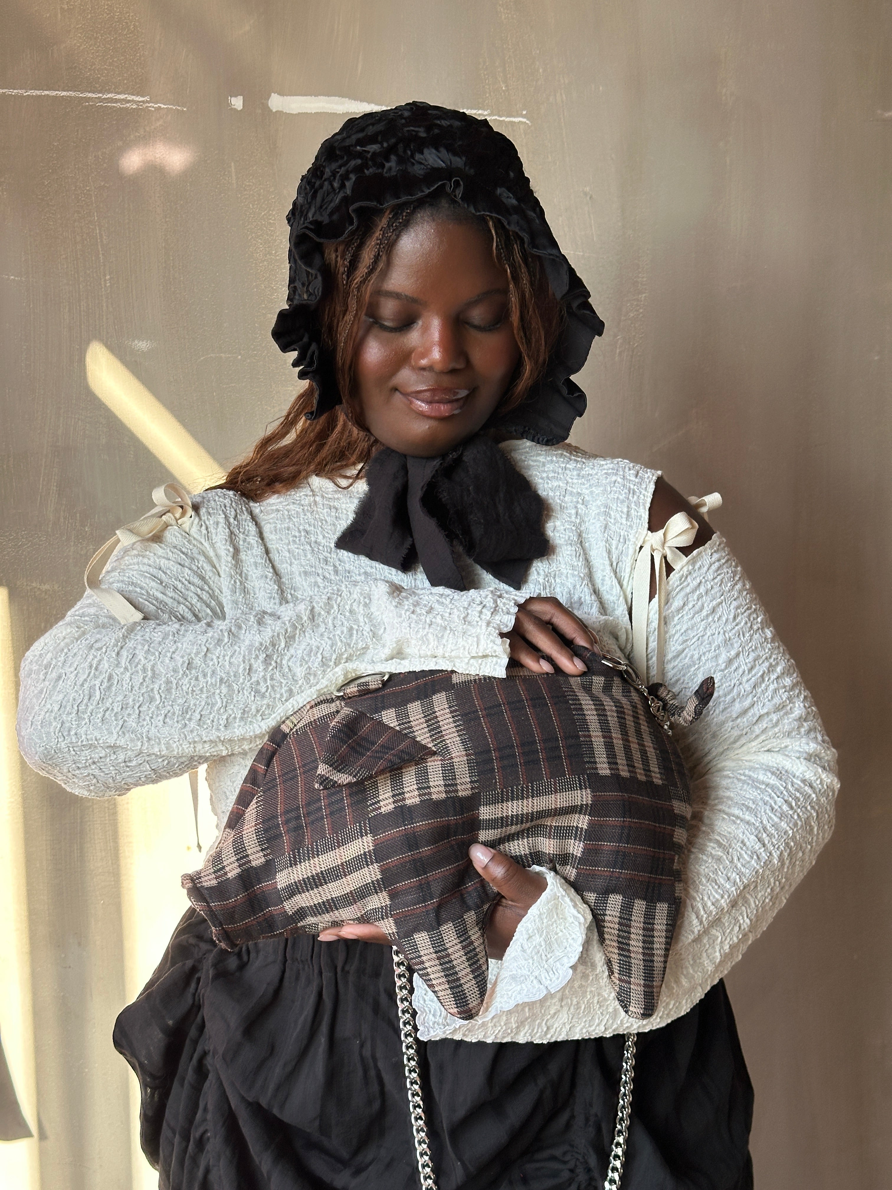 Winter '26: "Peggy" the Plush Pig Purse in Plaid Patchwork Cotton (Pre-Order)