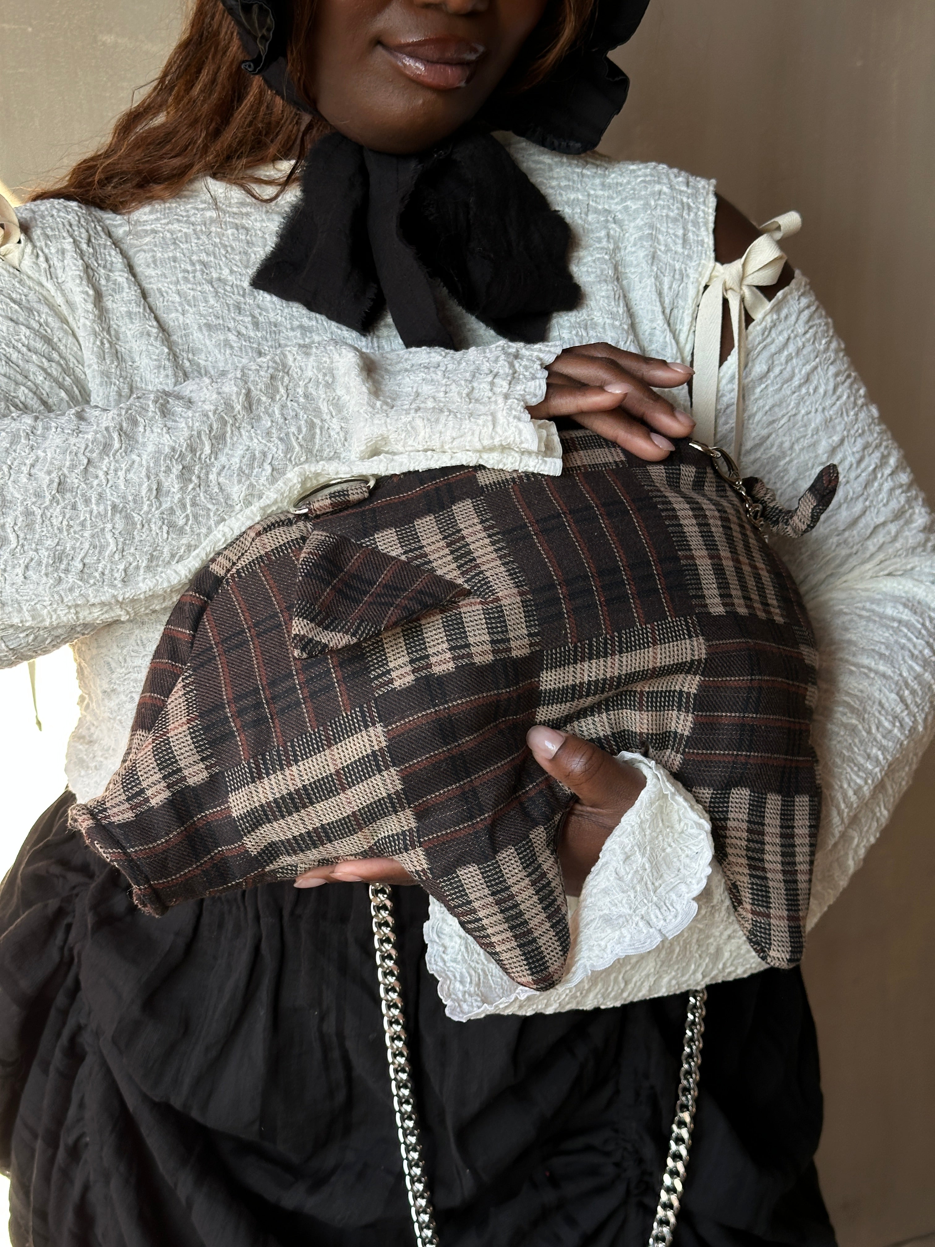 Winter '26: "Peggy" the Plush Pig Purse in Plaid Patchwork Cotton (Pre-Order)
