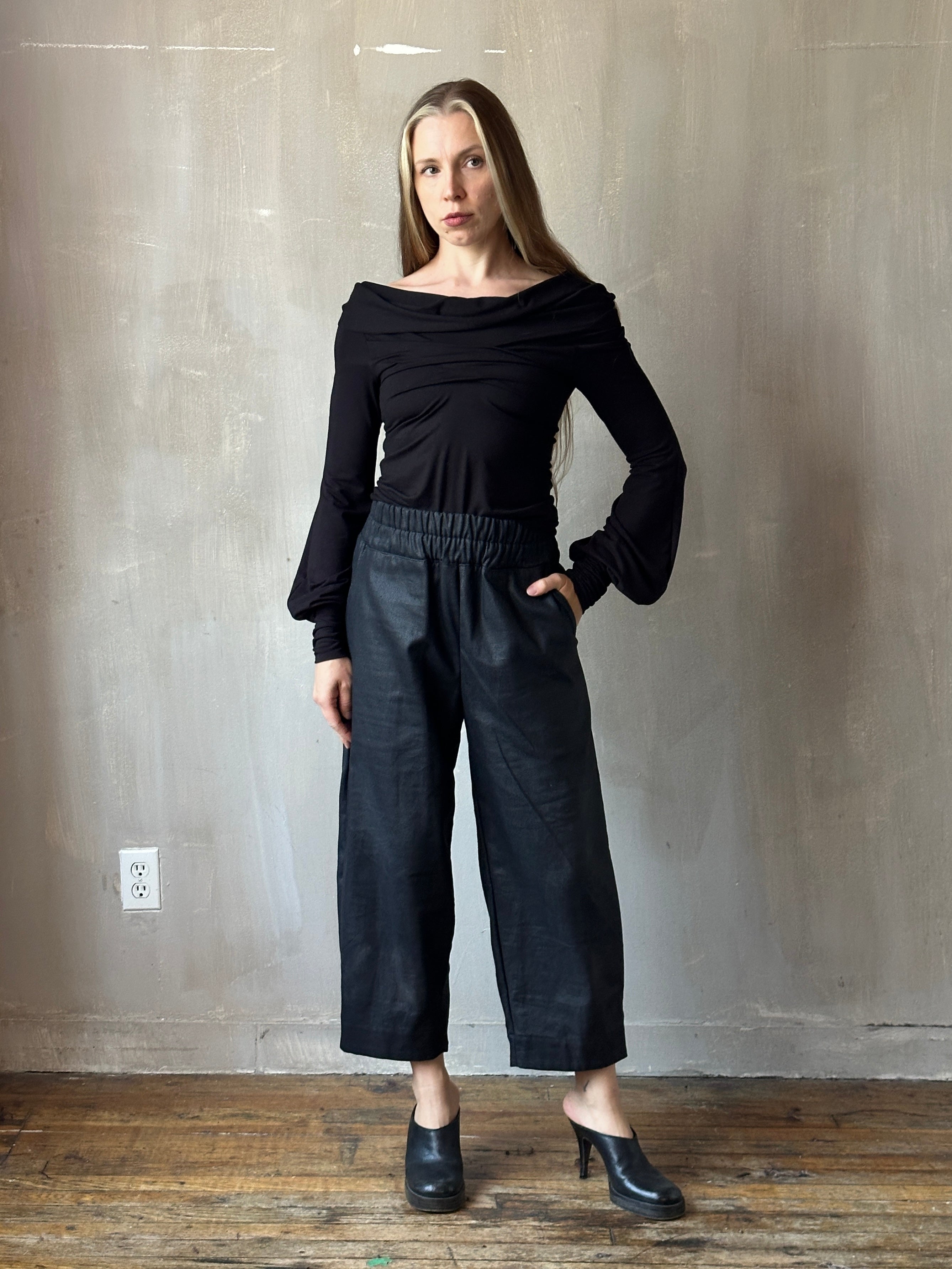 FW25: Double Waistband Barrel Trouser in Waxed Black (Pre-Order, Limited Edition)