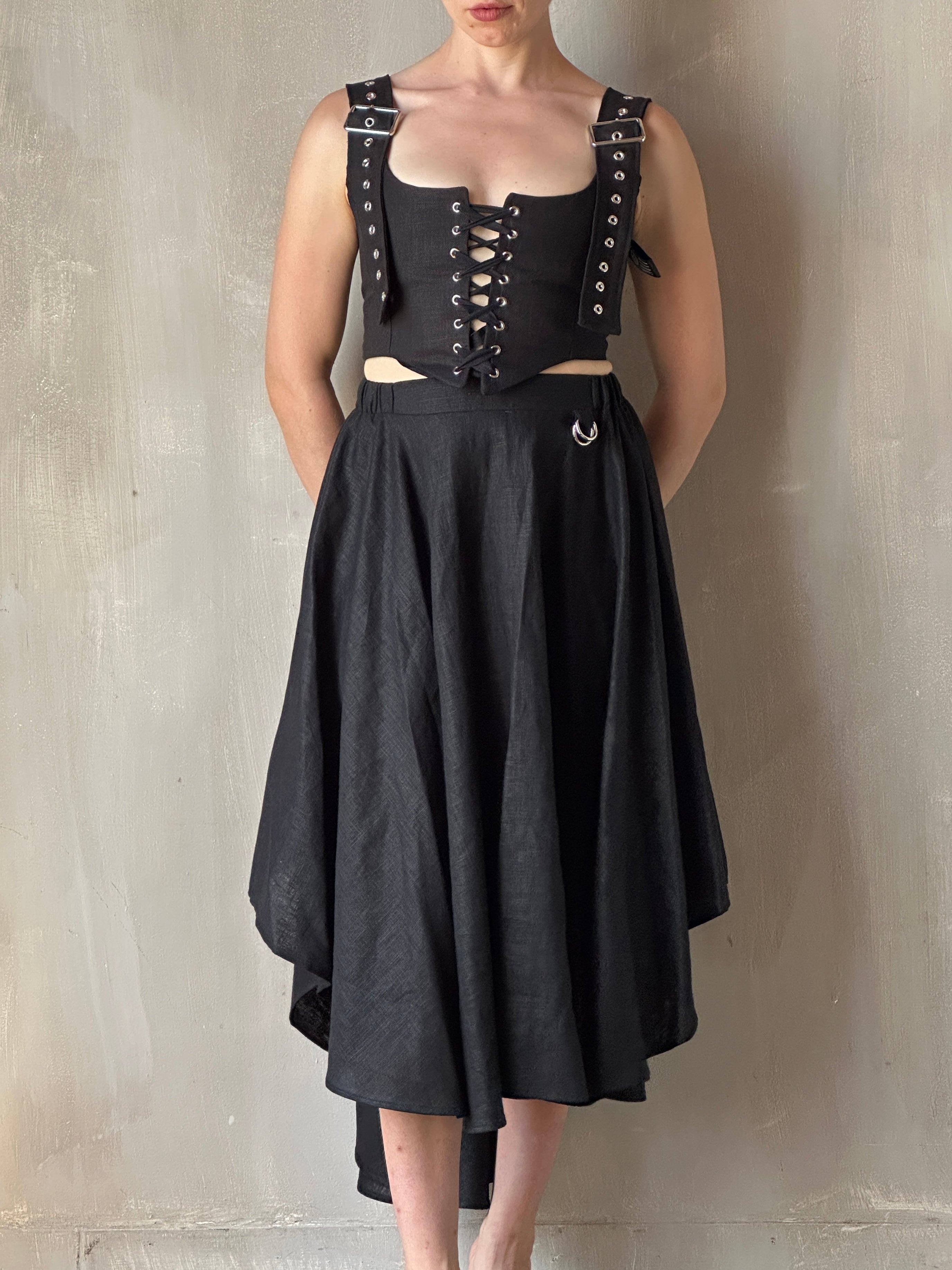 FW25: Pastorale Skirt w/Adjustable Hem in Black Linen (Pre-Order)
