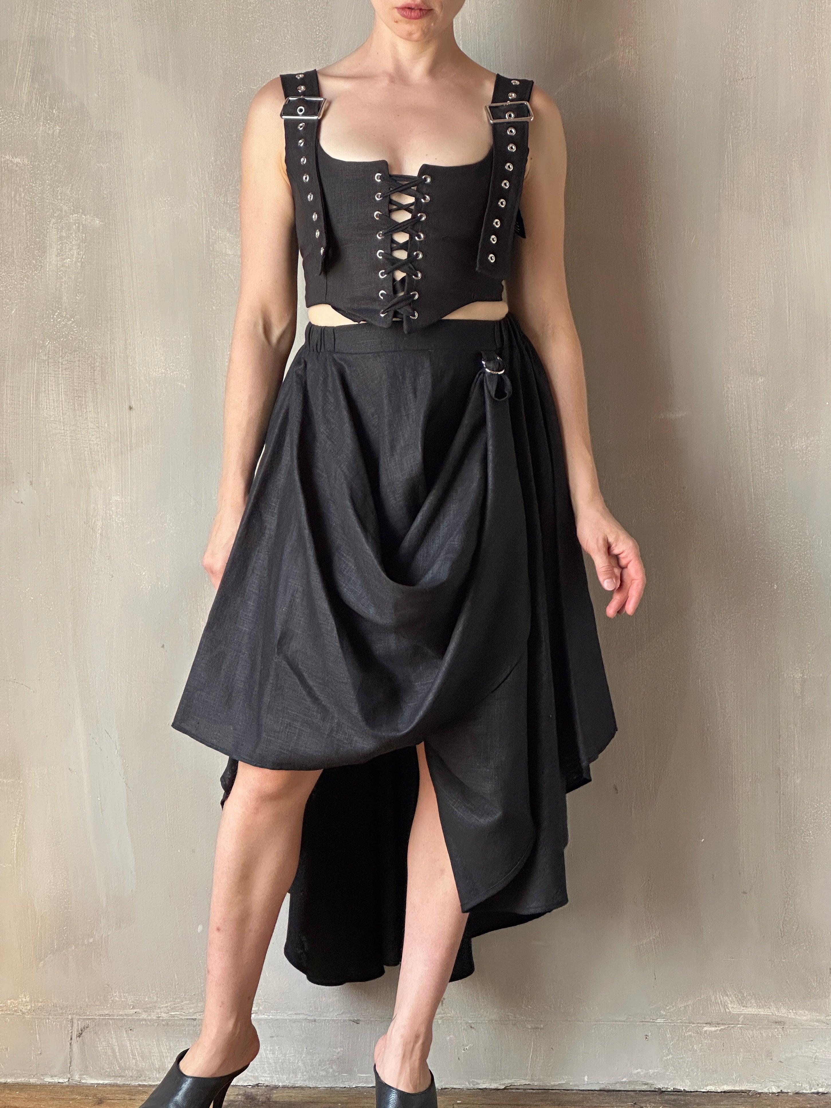 FW25: Pastorale Skirt w/Adjustable Hem in Black Linen (Pre-Order)