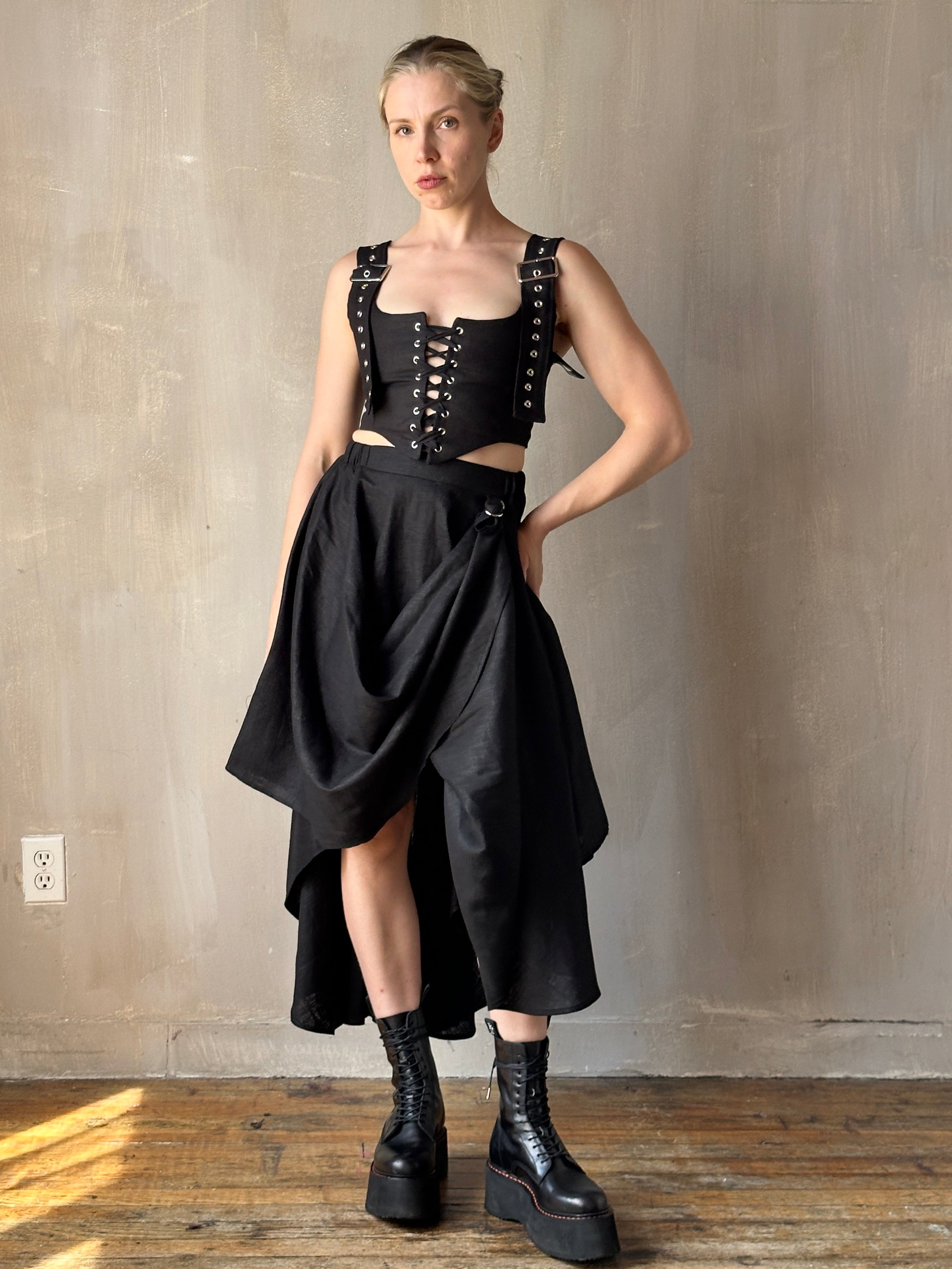 FW25: Pastorale Skirt w/Adjustable Hem in Black Linen (Pre-Order)