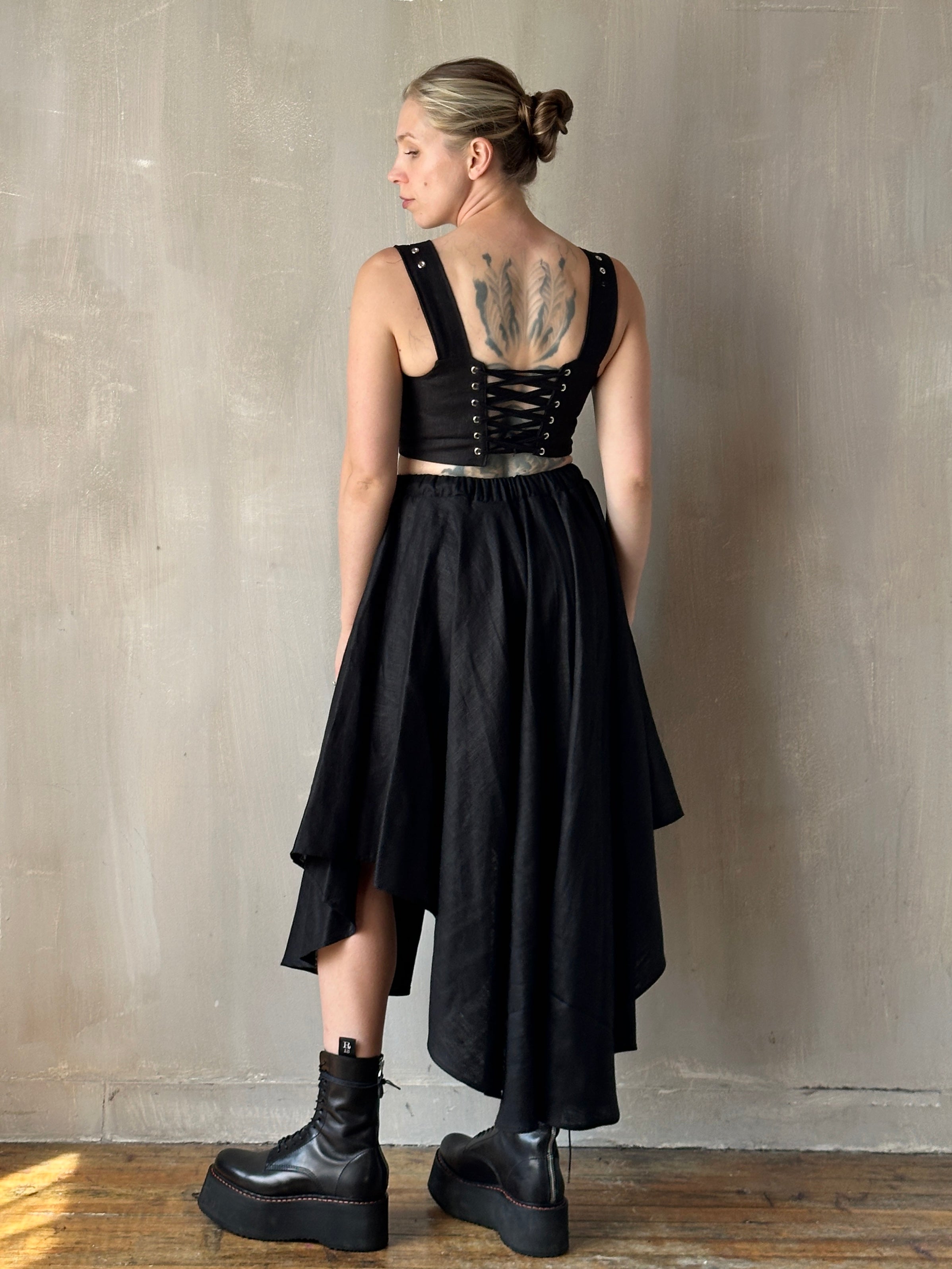 FW25: Pastorale Skirt w/Adjustable Hem in Black Linen (Pre-Order)