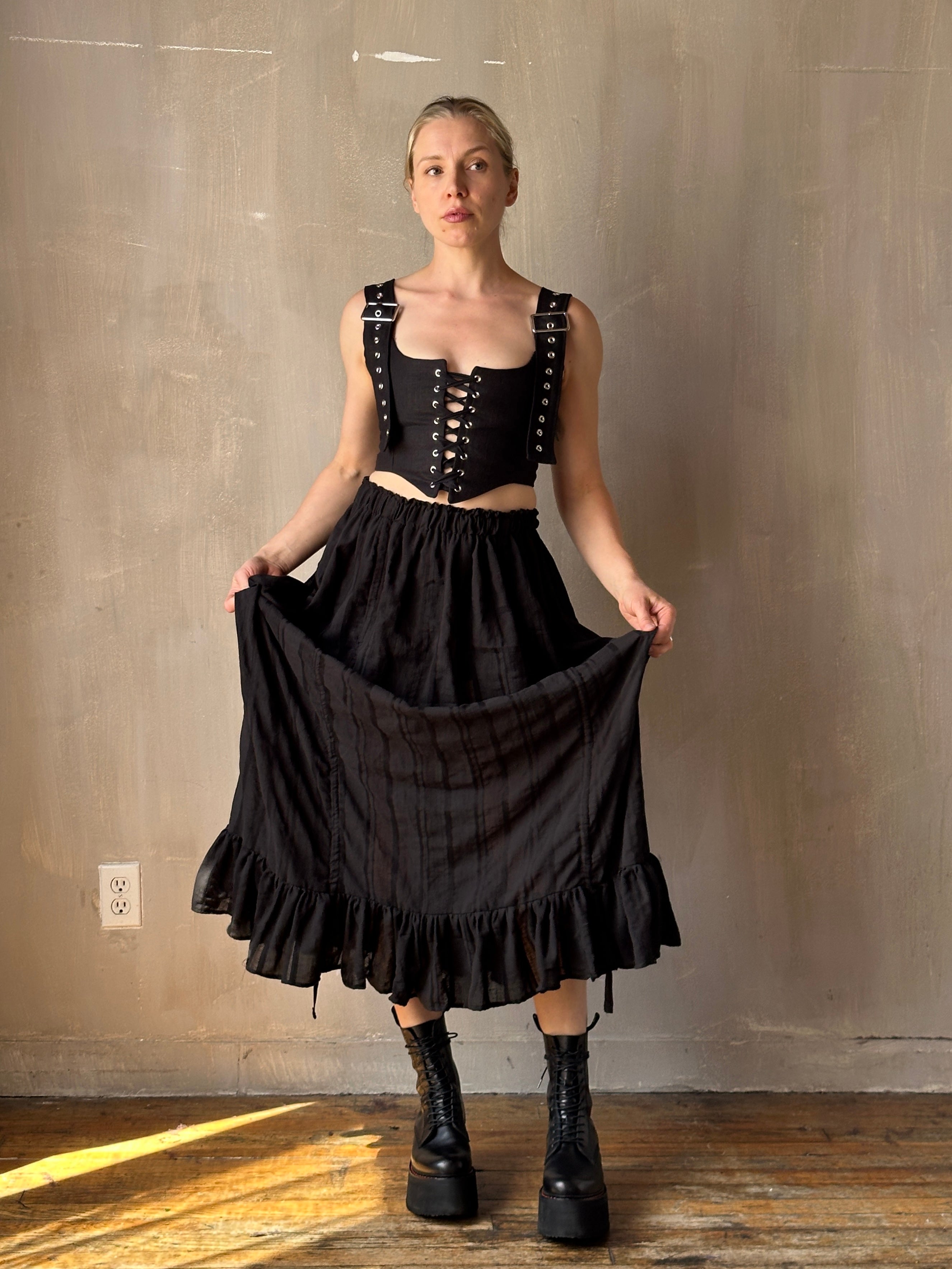 FW25: Drawstring Petticoat Skirt in Black Jacquard Stripe (Pre-Order)