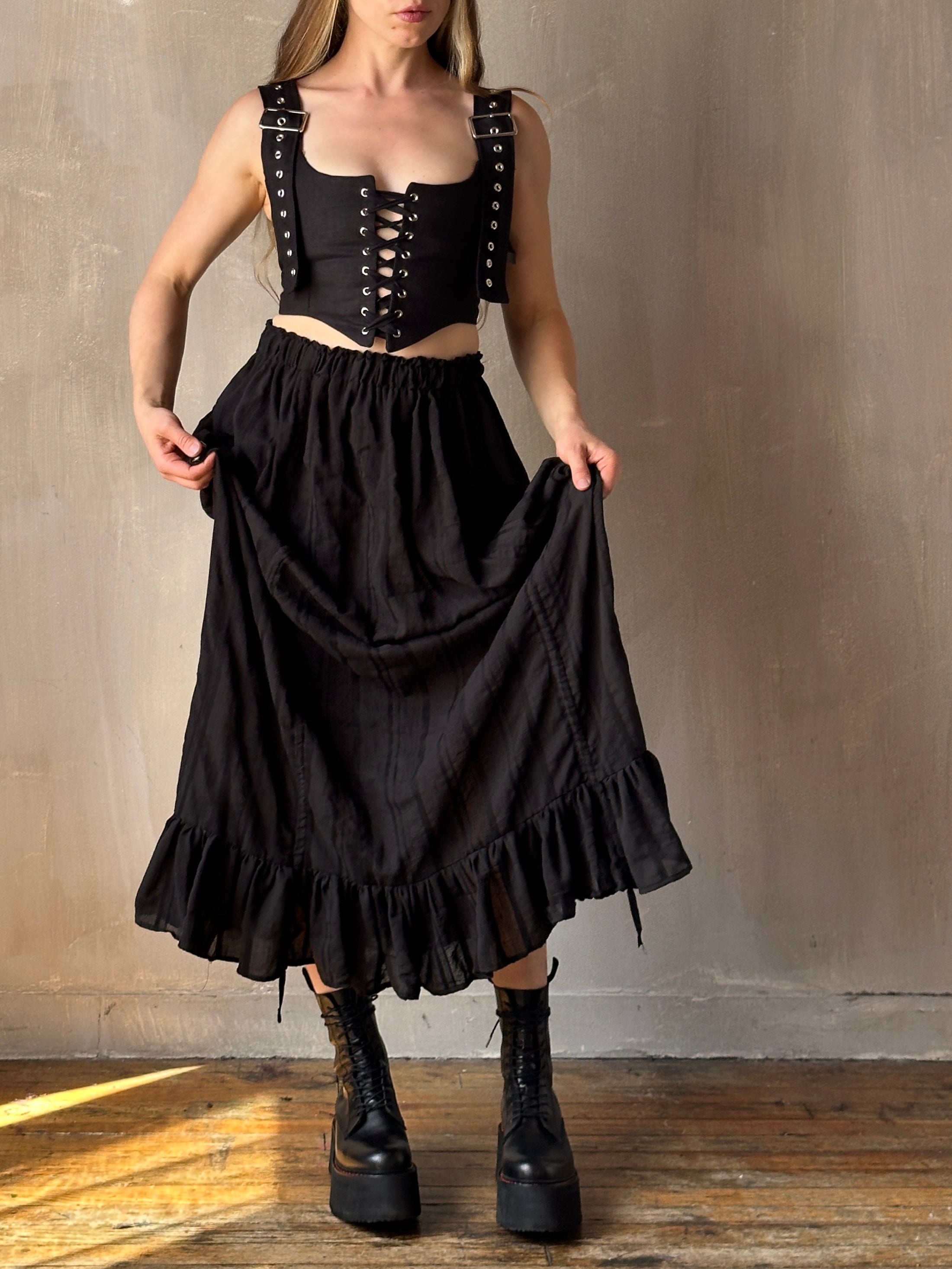 FW25: Drawstring Petticoat Skirt in Black Jacquard Stripe (Pre-Order)