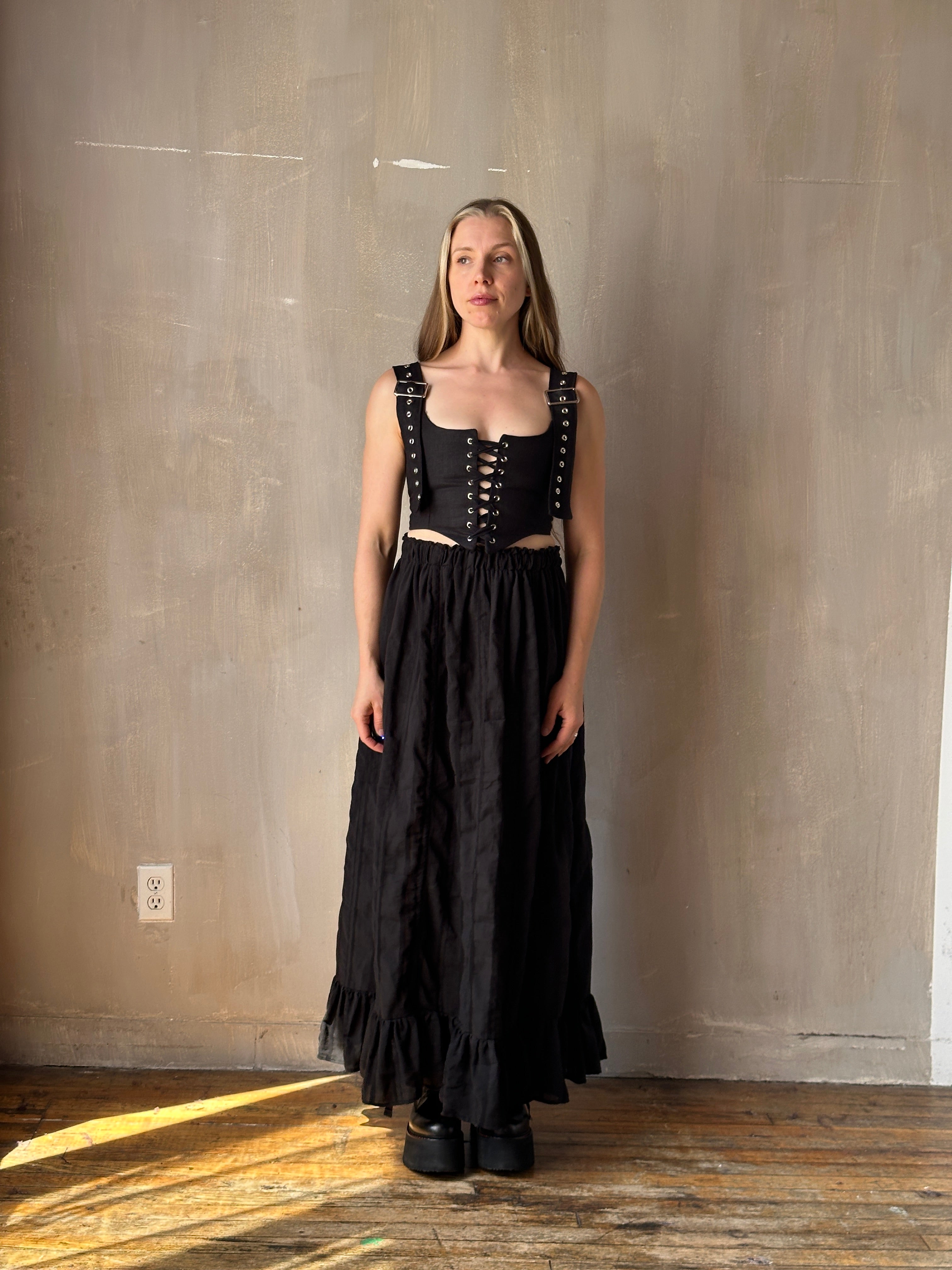 FW25: Drawstring Petticoat Skirt in Black Jacquard Stripe (Pre-Order)